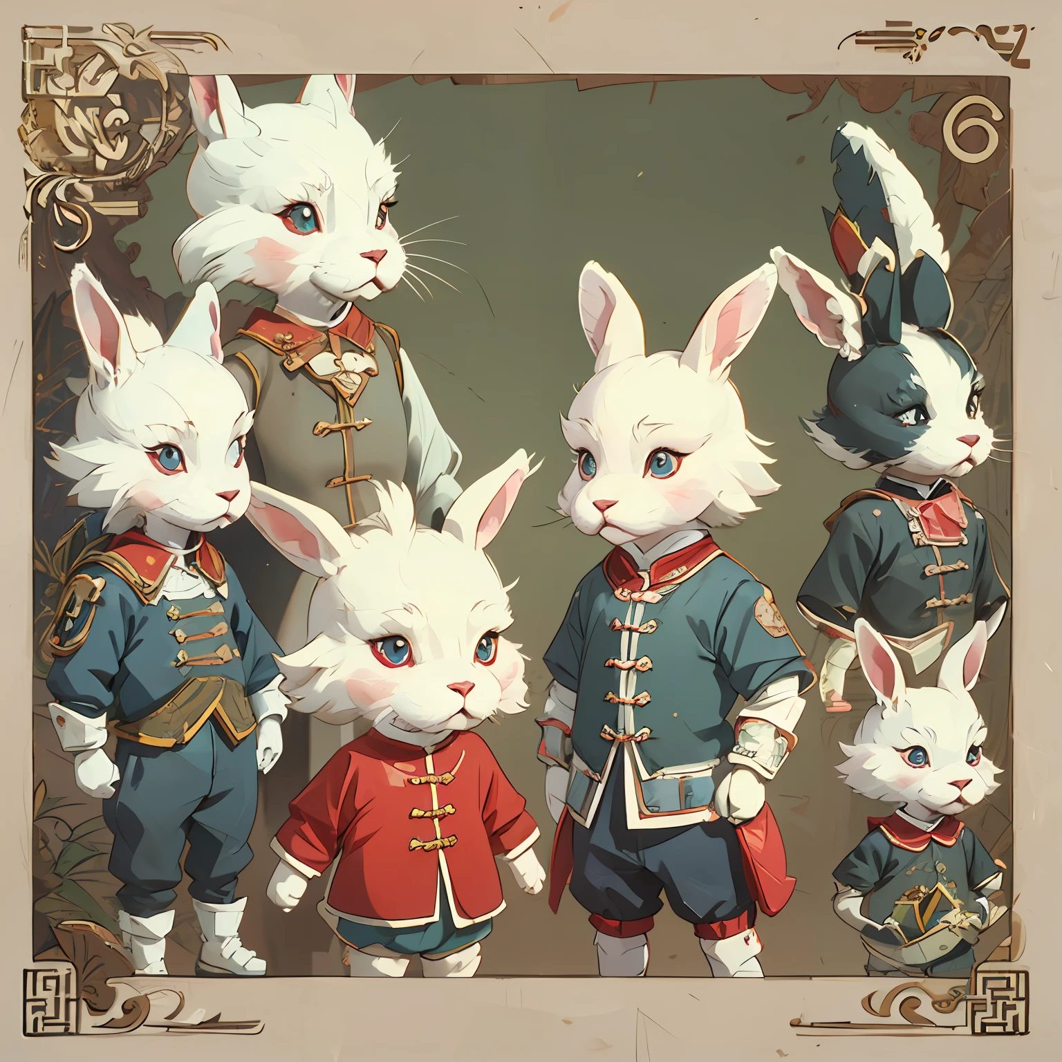 Anthropomorphic rabbits, White hair, child figure, adolable, Flat style,Chinese style,Printmaking effect,Stamp effect,anaglyph,, Super detail, High details, High quality, Masterpiece