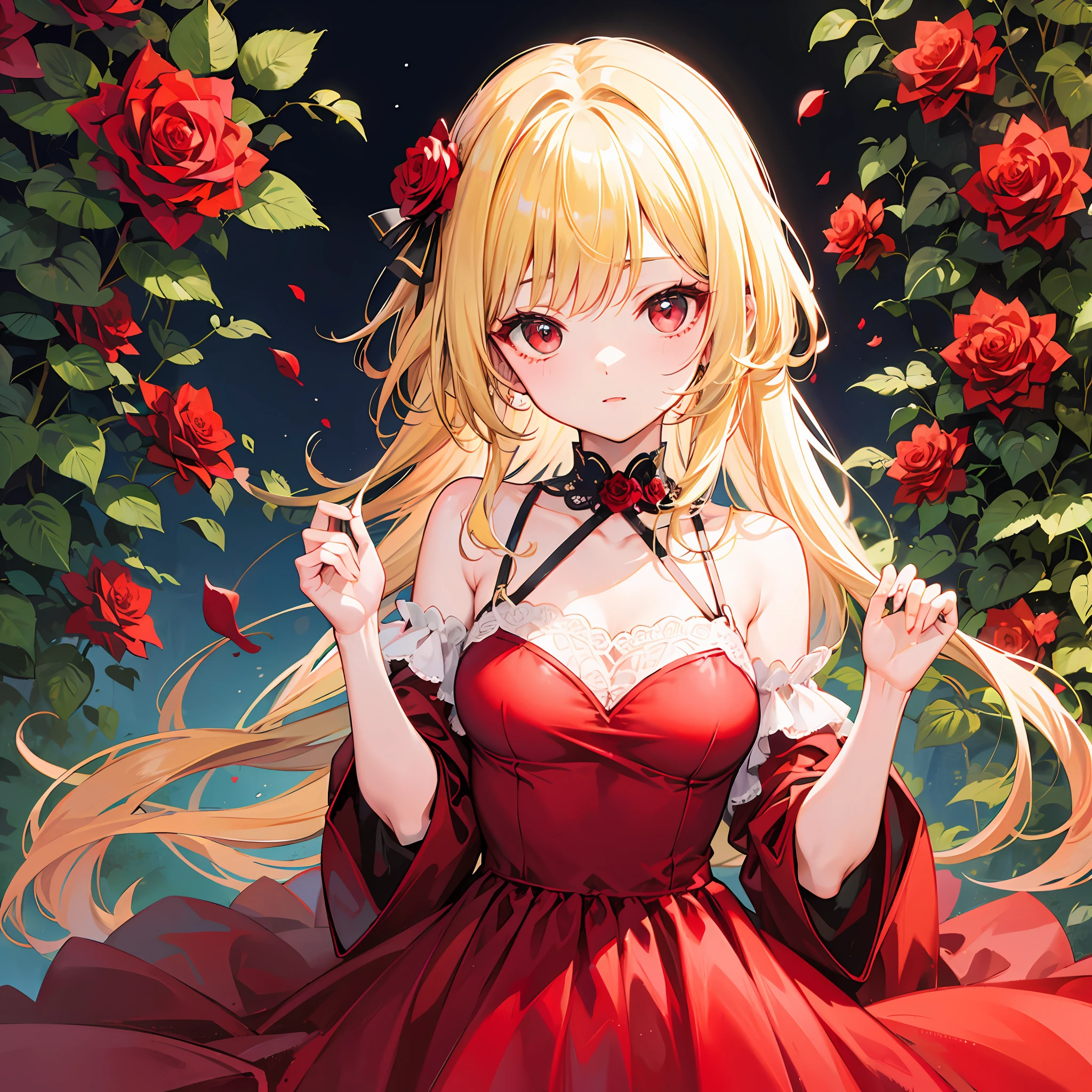 One blonde girl、red eyes、Bright red dress、off shoulders、Red Rose Garden