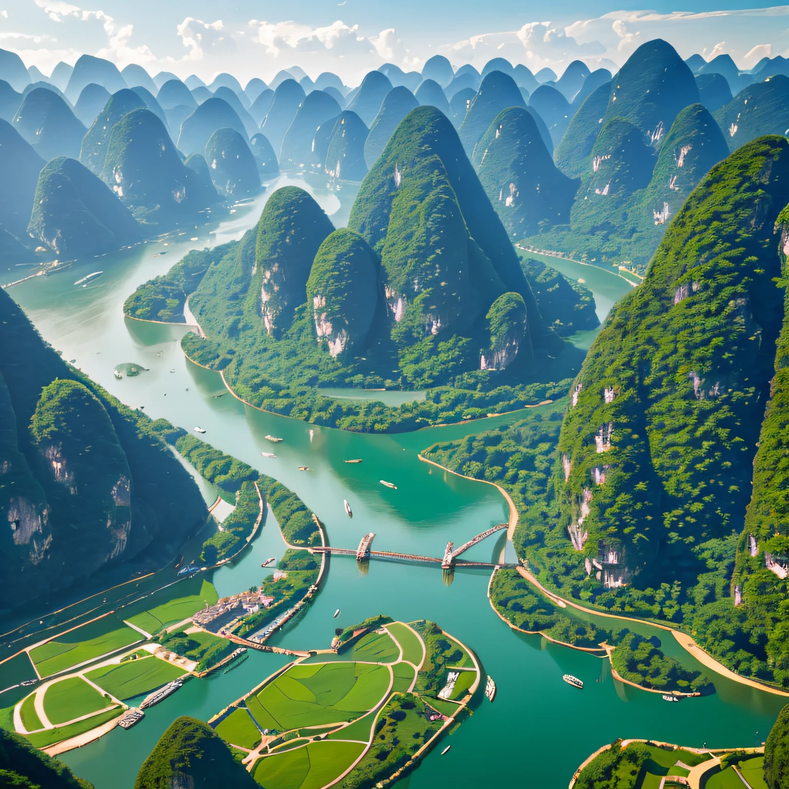 Guilin landscape Yangshuo aerial photography Li River Green water green mountains lofty mountains Ultra clear Full of details --auto