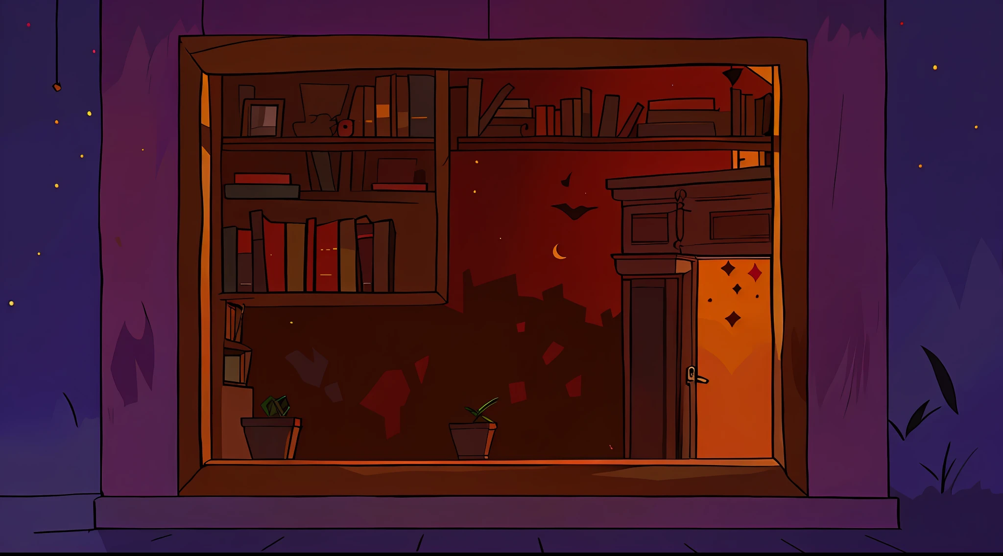 vista do lado de fora de uma janela dentro um quarto com uma estante de livros e uma lareira, fundo do quarto pessoal, arte de fundo interior, fundo interior da biblioteca, Arte de fundo, biblioteca sombria, fundo dos bastidores, fundo da casa, an empty room at night, biblioteca empoeirada, estilo cartoonizado