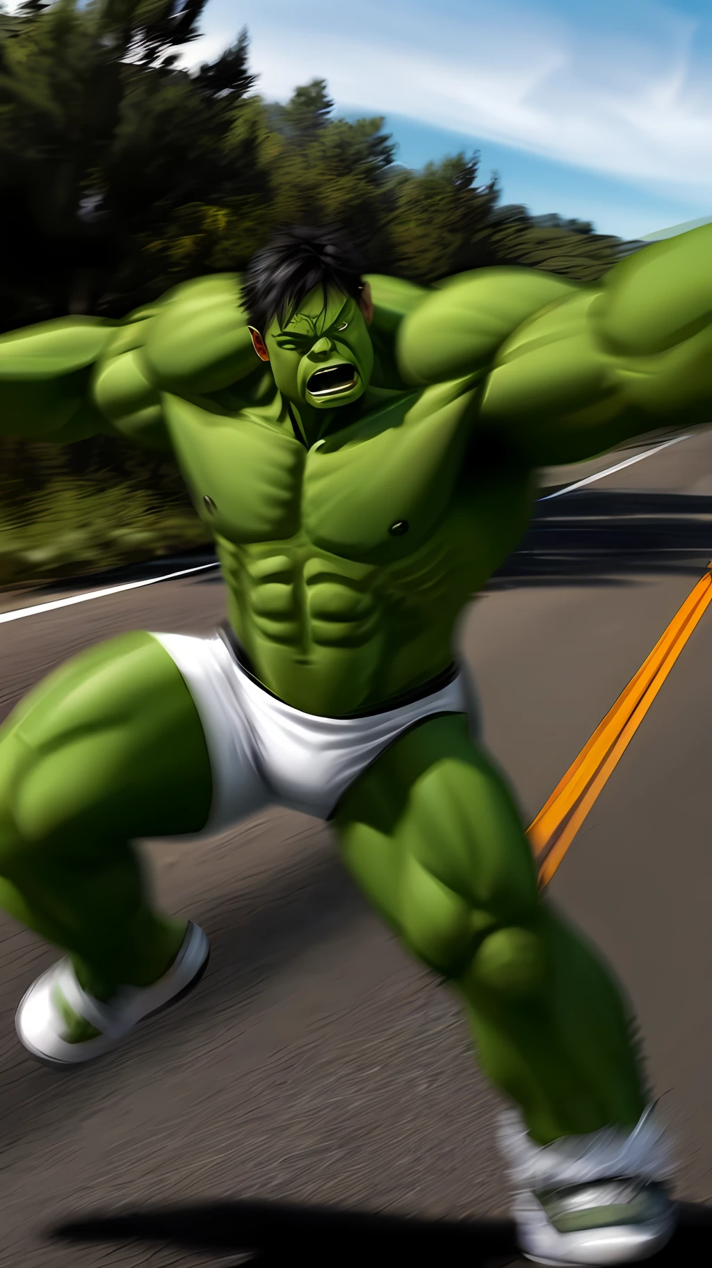 Hulk riding a motorcycle on a deserted road, his white motorcycle, super realistic, cinematc, 16k.