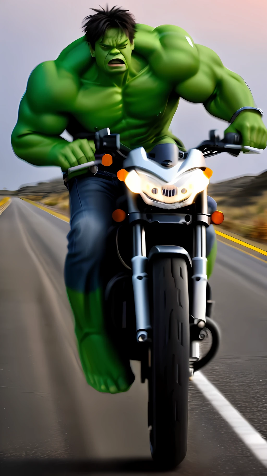 Hulk riding a motorcycle on a deserted road, his white motorcycle, super realistic, cinematc, 16k.