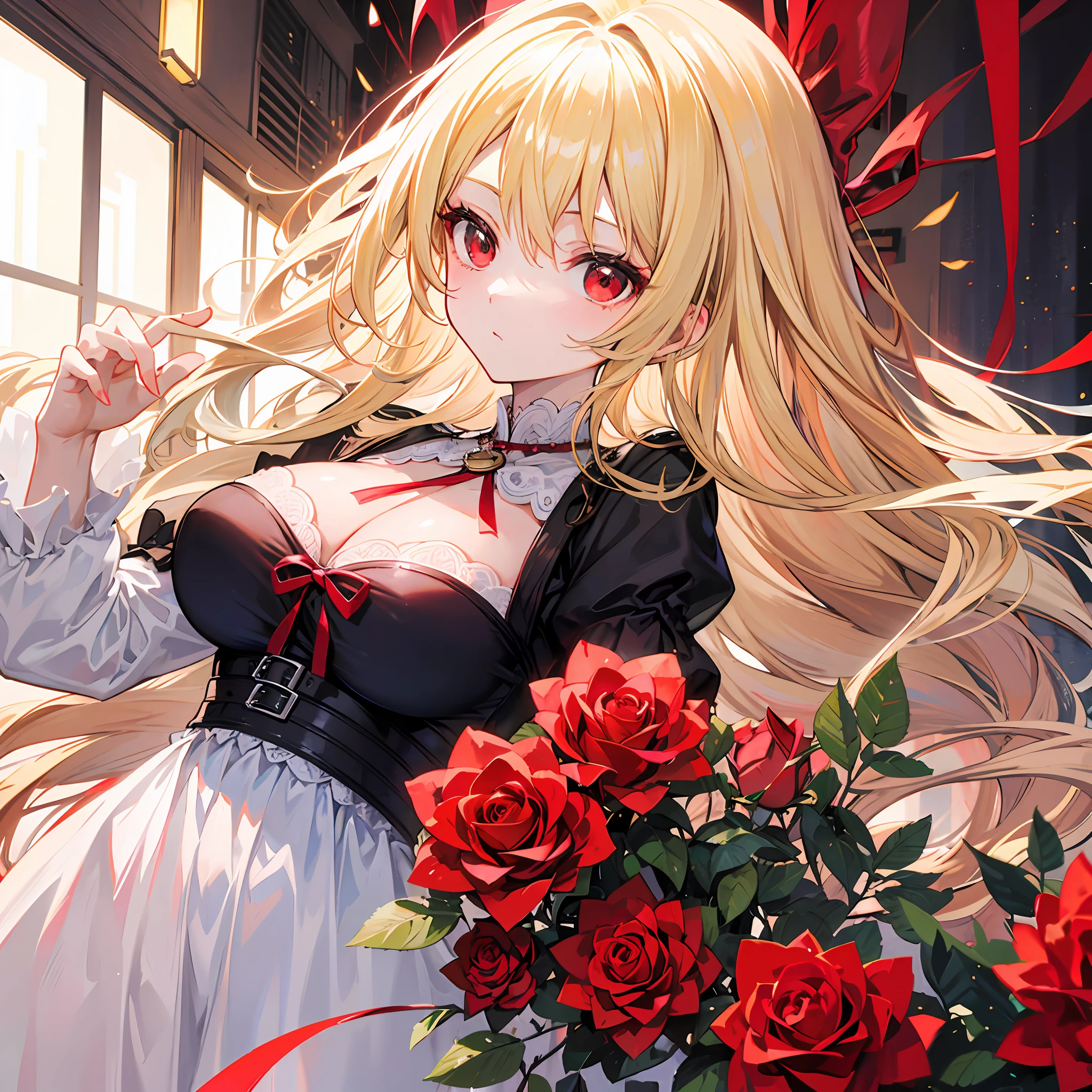 One blonde girl、red eyes、robe blanche、Bright red rose