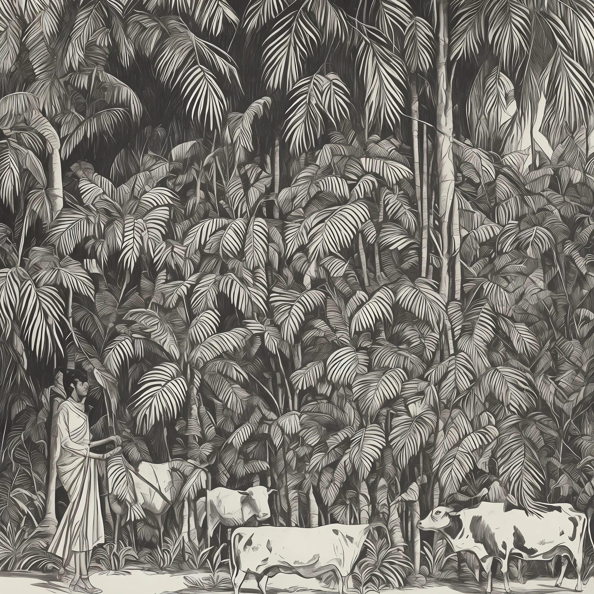 A painting of an Indian woman standing behind a cow in the jungle，Palm trees and flowers in the background, Chinwe Chukwuogo-Roy, behans hd, brutalist, an ultrafine detailed painting, nicely drawn eyes, nice drawn hands，No clothes，