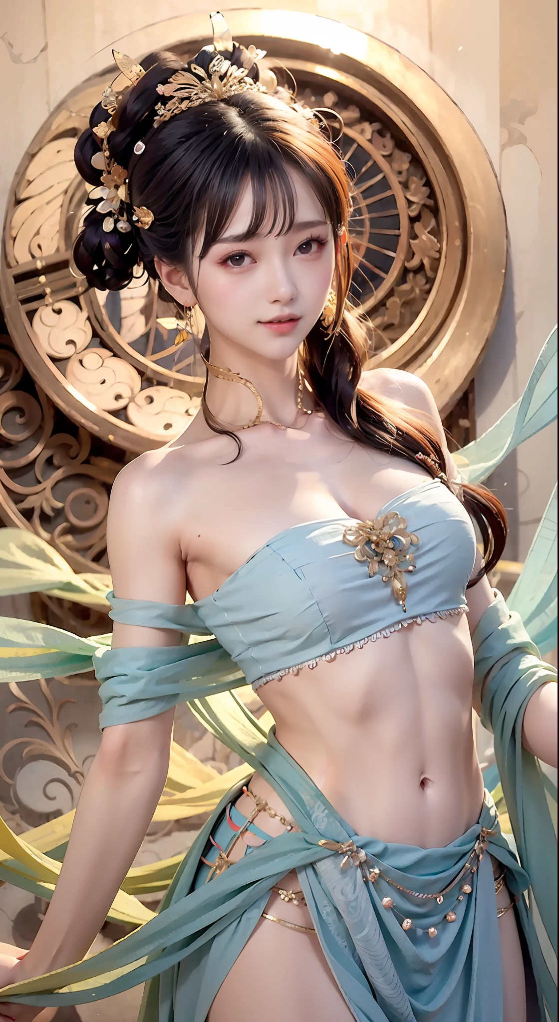 fully body photo，a  beautiful female，Delicate jade feet，messy  hair，teens girl，Symmetrical bun，D-cups，hair adornments，jewelry，The face is delicate，eye shadows，Delicate cyan top，cropped shoulders，Crop topping，showing belly，Dunhuang style，Lots of streamers，Fine fine skin，Soft light effects，Delicate and smooth hair，exquisite detailing，eyes highlights，Fair skin，Fine portrayal，Ultimate detail，Cinematic quality，being thin，slenderness，Fragmentation，hair detail，Thin bangs，Shawl hair，Correct bodies，shadowing，Air bangs，8K，Super meticulous，Fine fabric texture，softness，complaisant，Smooth texture，Dunhuang style，Delicate pattern，correct hand painting，Smile, tsurime, surrealism, Ray tracing, hyper HD, High details, Super detail, A high resolution, 8K, Yes, High quality, High details, Textured skin, ccurate