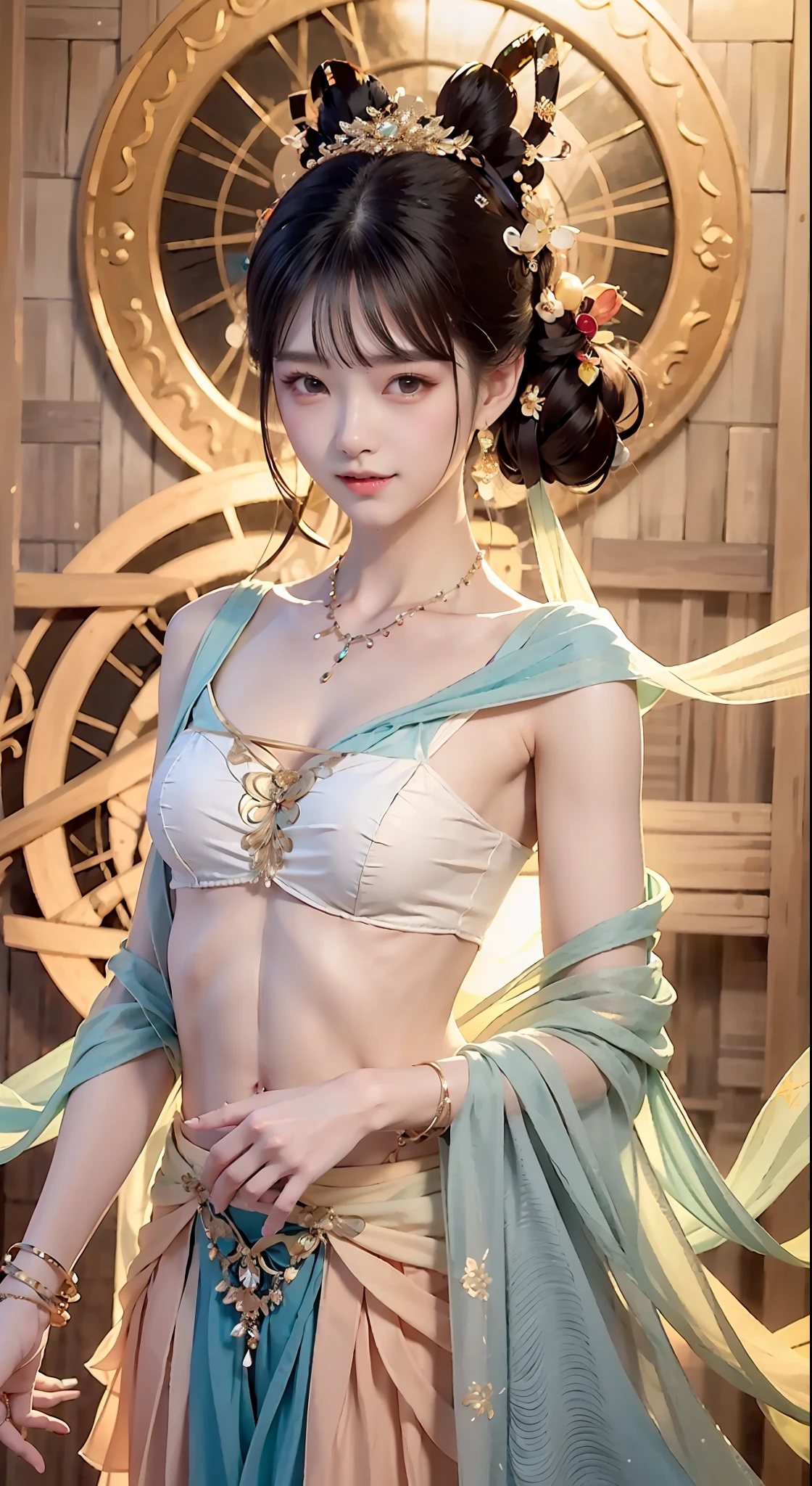 fully body photo,a beautiful female,Delicate jade feet,messy hair,teens girl,Symmetrical bun,D-cups,hair adornments,jewelry,The face is delicate,eye shadows,Delicate cyan top,cropped shoulders,Crop topping,showing belly,Dunhuang style,Lots of streamers,Fine fine skin,Soft light effects,Delicate and smooth hair,exquisite detailing,eyes highlights,Fair skin,Fine portrayal,Ultimate detail,Cinematic quality,being thin,slenderness,Fragmentation,hair detail,Thin bangs,Shawl hair,Correct bodies,shadowing,Air bangs,8K,Super meticulous,Fine fabric texture,softness,complaisant,Smooth texture,Dunhuang style,Delicate pattern,correct hand painting,Smile, tsurime, surrealism, Ray tracing, hyper HD, High details, Super detail, A high resolution, 8K, Yes, High quality, High details, Textured skin, ccurate