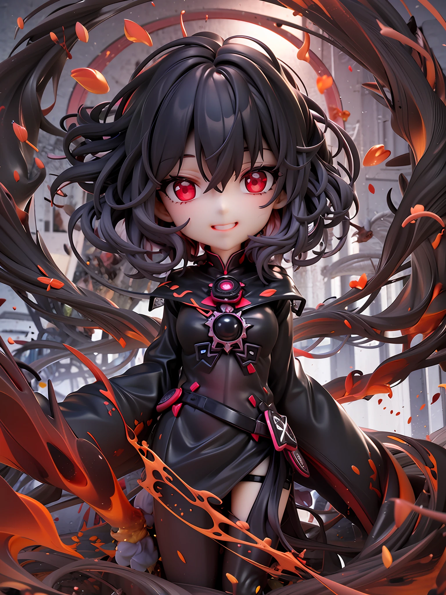 1girl, beautiful eye, smile, pitch black, deep red, magician, cold and challenging expression, black and red robe adorned with red gems and black lace, jet black, messy short hair, waist-length, burning red eyes, gripping a black staff and forming a magic circle, magic castle floating in darkness,