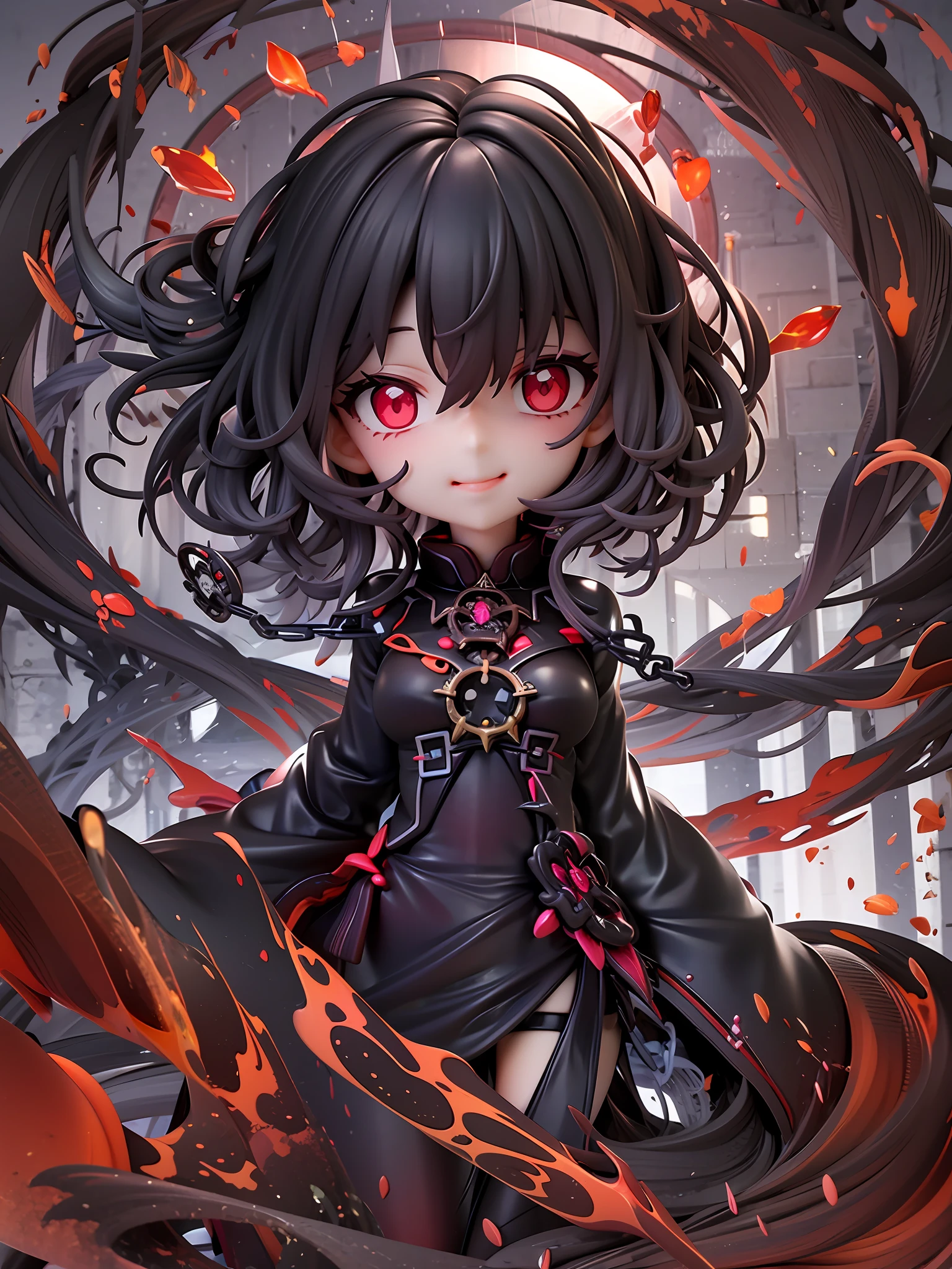 1girl, beautiful eye, smile, pitch black, deep red, magician, cold and challenging expression, black and red robe adorned with red gems and black lace, jet black, messy short hair, waist-length, burning red eyes, gripping a black staff and forming a magic circle, magic castle floating in darkness,