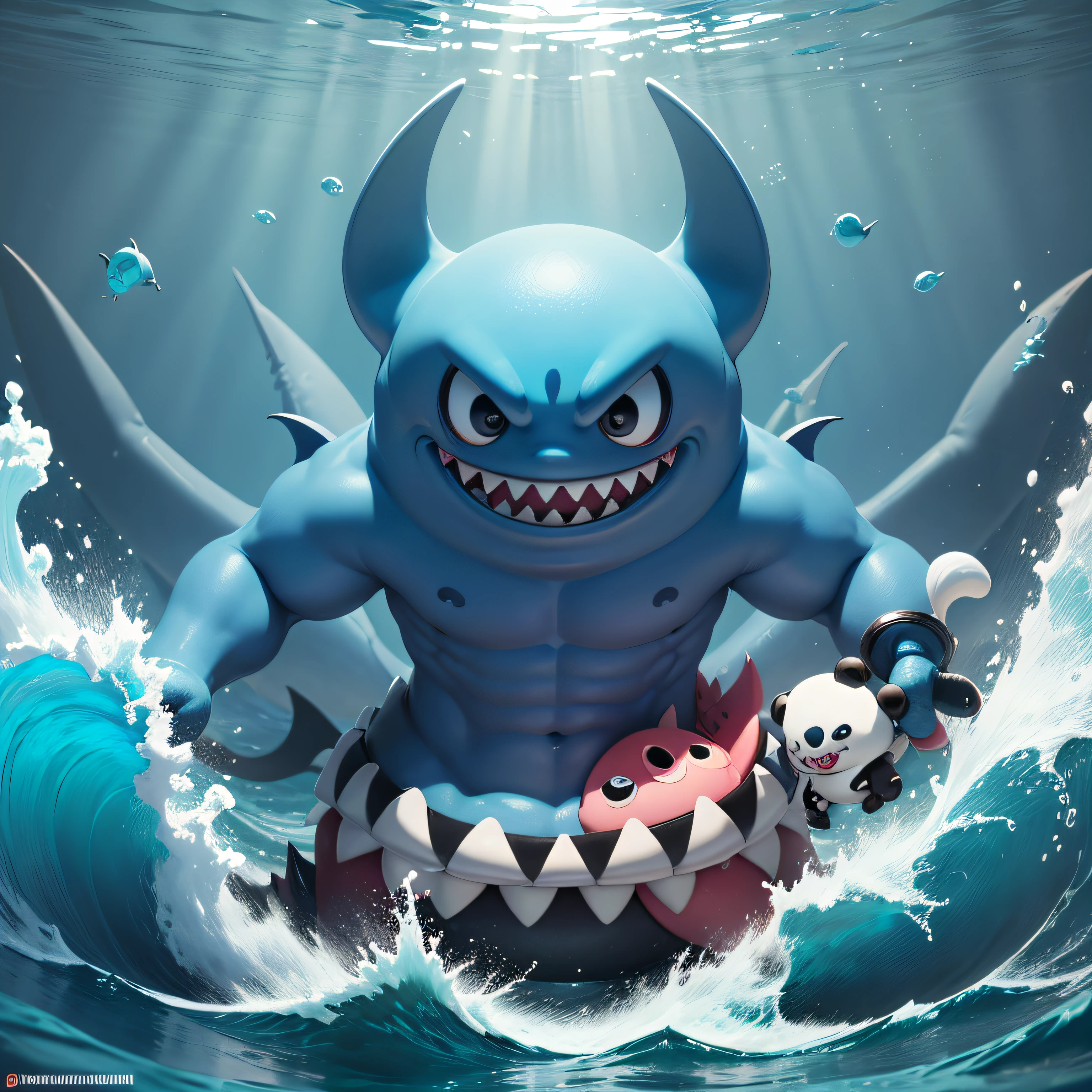A fantz monster design, Funny, Ultra detailed, Cute,A mixture of shark and panda, Colorful, Cross-eyed,the sea, Waves, Fight,Water dances around the body,Crab tongs,musculature,Tentacle,Blue transparent water, --auto