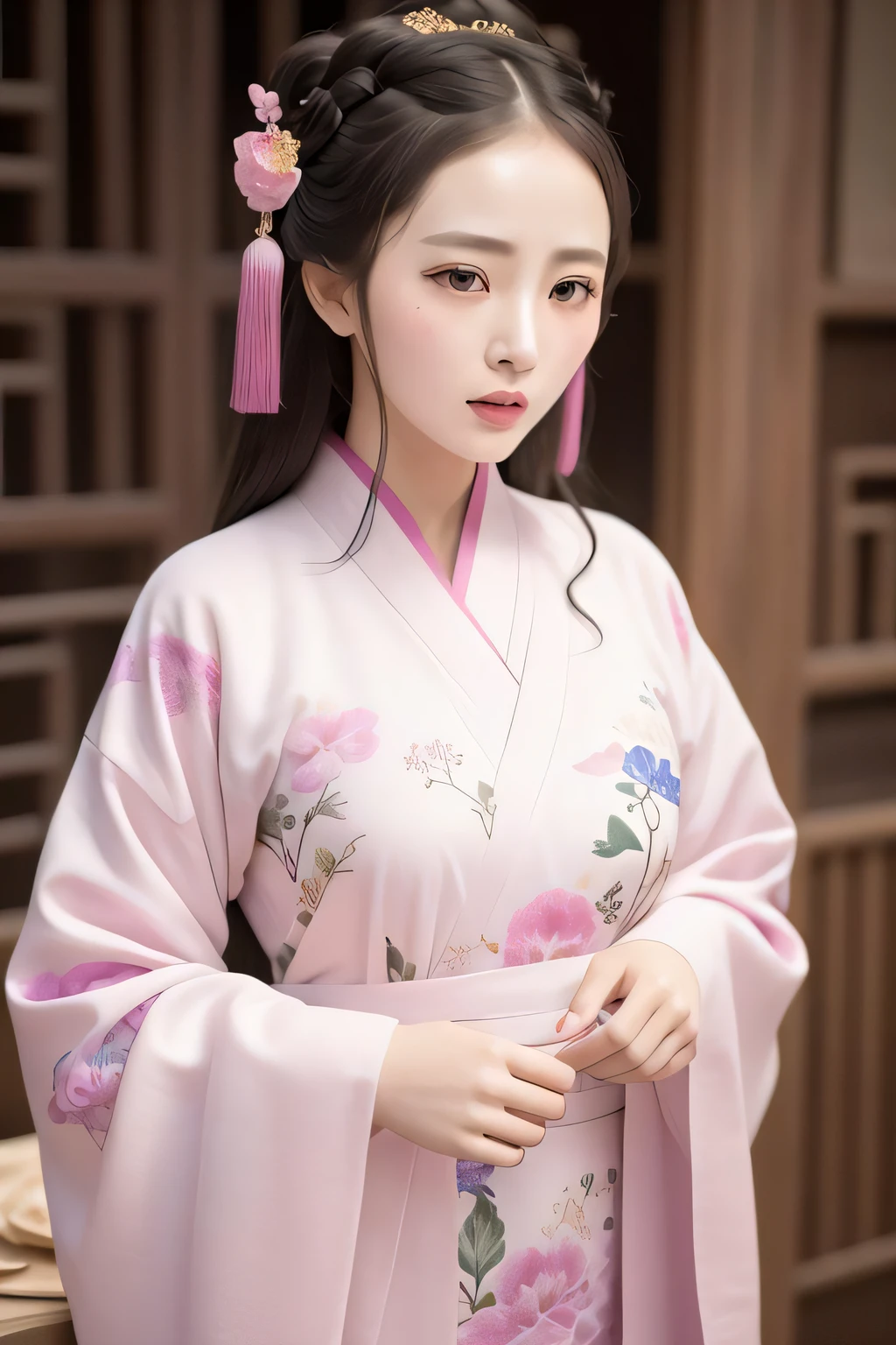a photo of a women in cotrang with flower pattern on it,best quality, masterpiece,(realistic:1.2)