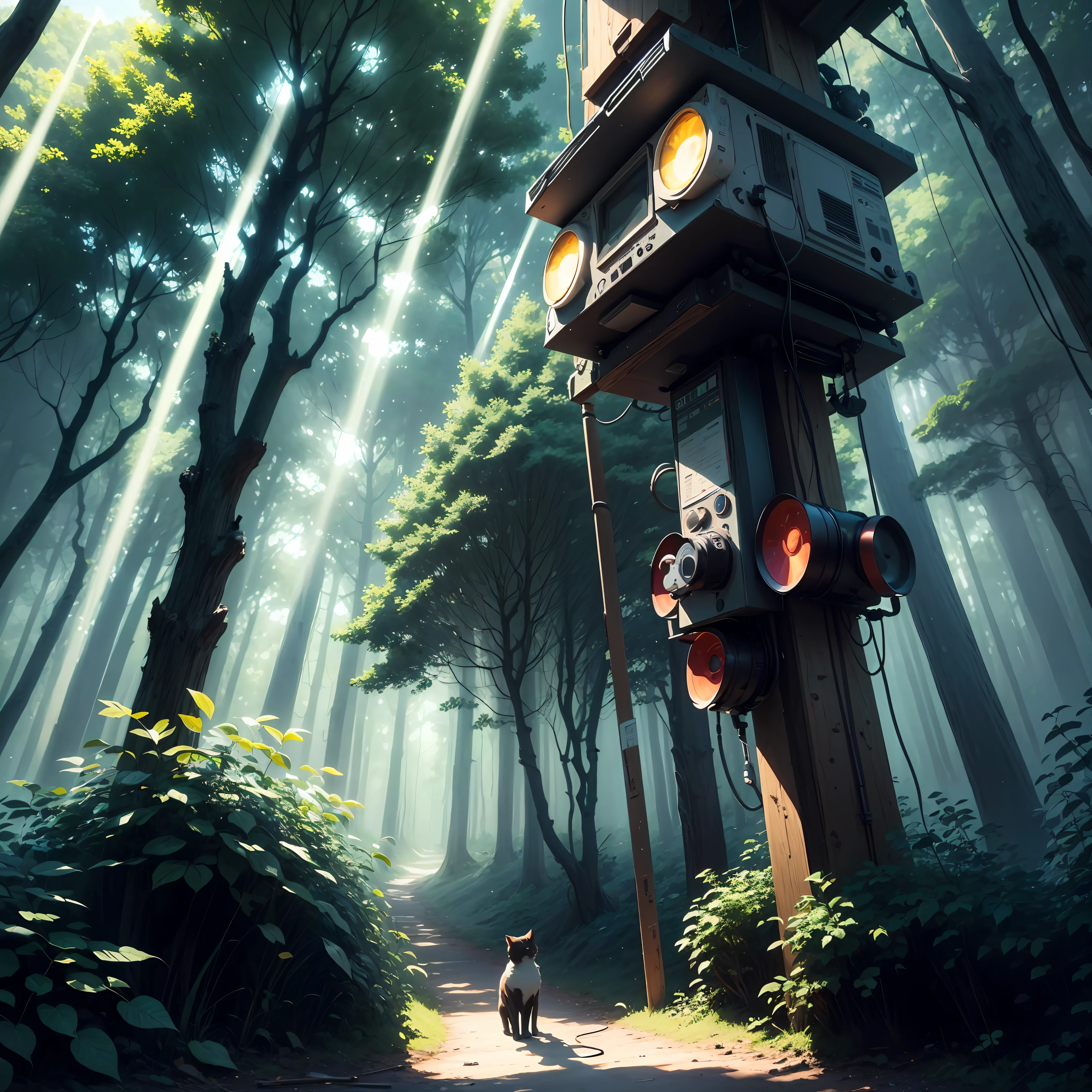digital painting style,4K anime style wallpaper,8K Anime Art Wallpapers,,The cat wears headphones and a microphone,Manifest on the forest,The scene flickers,Musical interpretation,Gorgeous stage,Light and shadow control,Freeze in an instant。 --auto