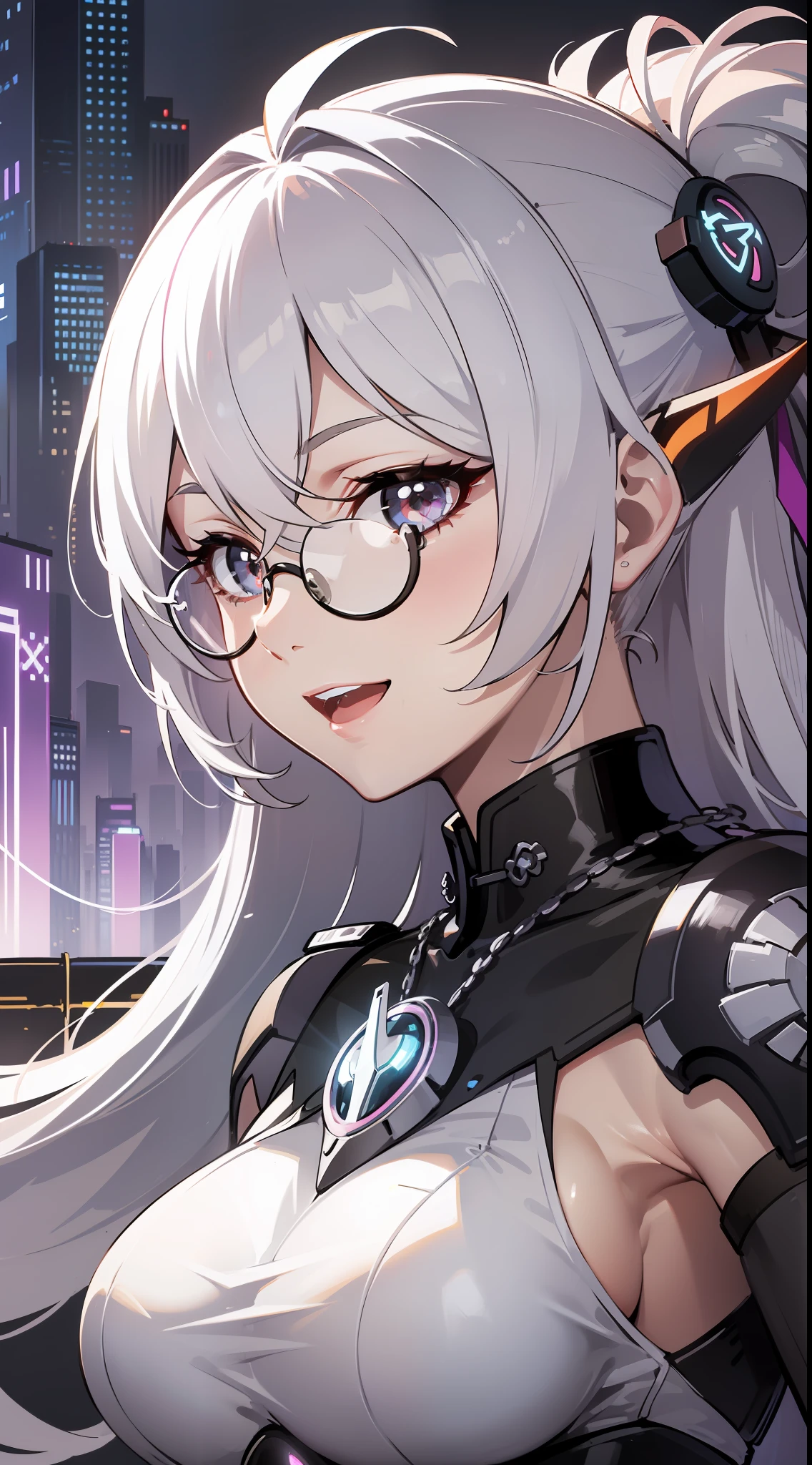 (Futuristic city background:1.5), seductive pose, wink, (Focus on upper body:1.2), ((Bronya:1.3),(silver hair:1.2),(drill hair:0.9),(moderate breast:0.9)), side view, looking at viewer, smiling, open mouth, frameless eyeglasses,