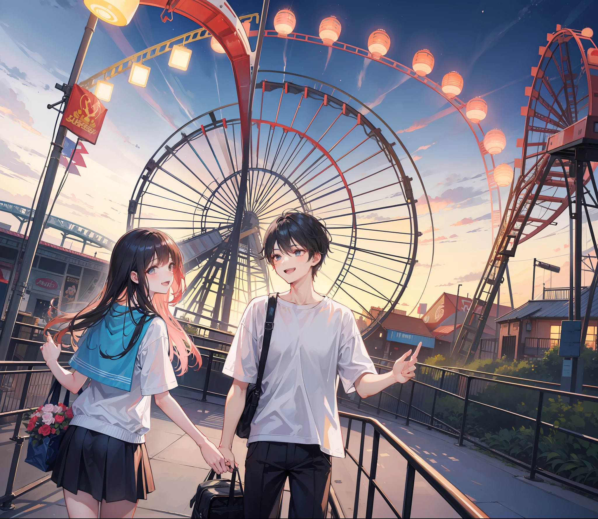 a couple, 1boy, 1 girl, date, having a date in an amusement park, amusement park, in front of rollercoaster, rollercoaster, smile, laugh, romantic atmosphere, landscape