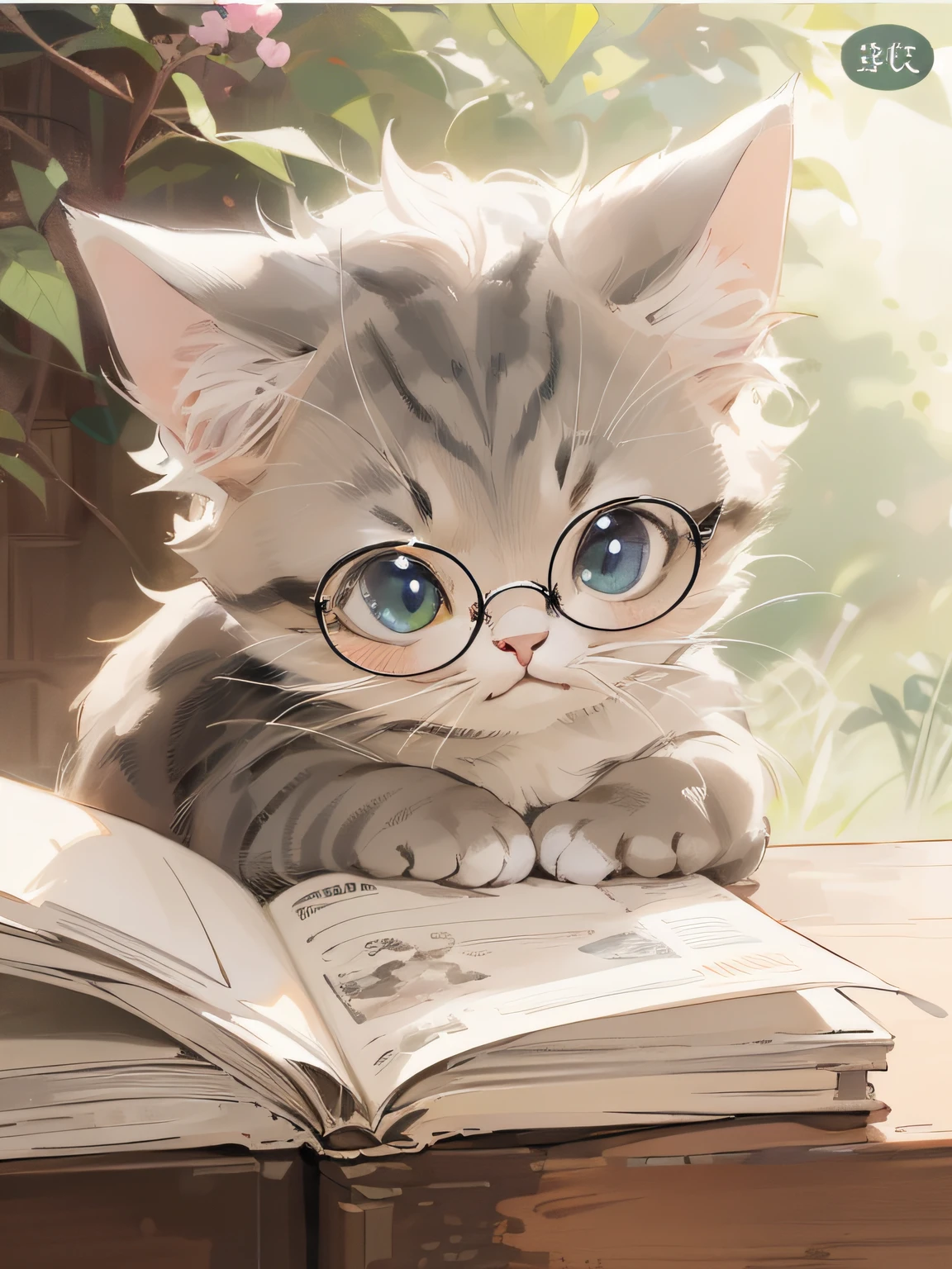 There is a cat with glasses sitting on a book, anime visual of a cute cat, anime cat, realistic anime cat, intellectual cat, lovely digital painting, Cute detailed digital art, cute detailed artwork, adorable digital art, A cute cat, With glasses, Kawaii cat, cute artwork, Cute anime, cute anime catgirl, Cute cat, cutecore, by Yang J
