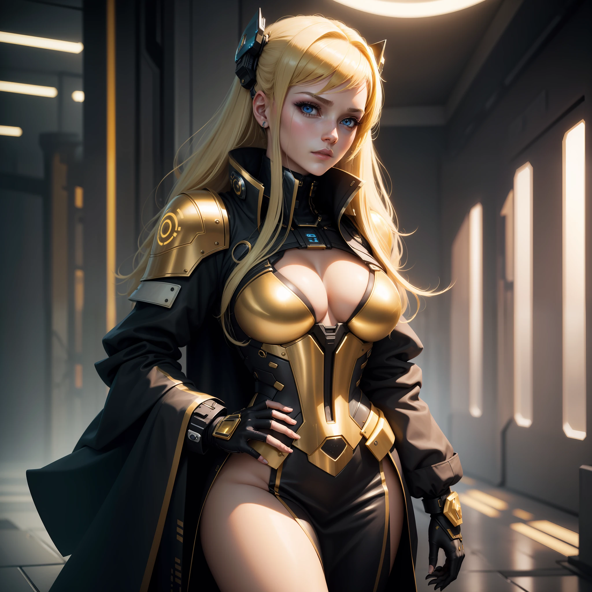 With a gentle expression，cyber punk perssonage，Blonde royal sister，Tech-sense city background，full bodyesbian ，assassins ，Holy royal sister，golden colored ，Refined face，with a well-proportioned body， delicated --auto