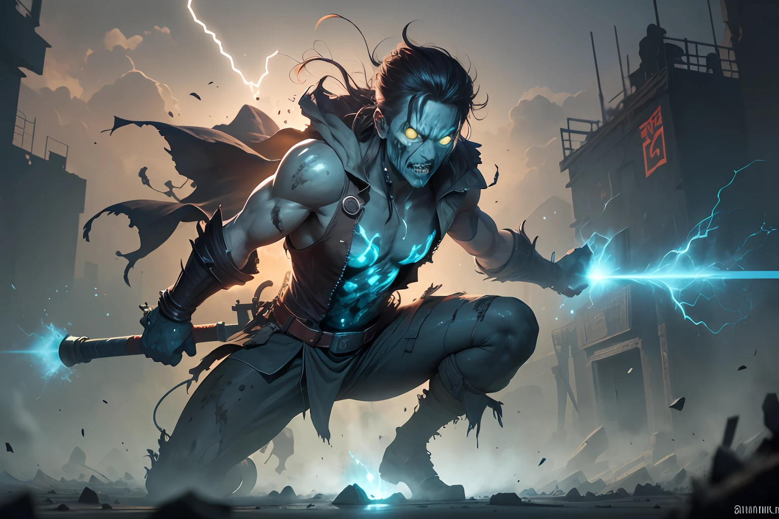 (Zombie: 1.2, body decayed), blue and black lightning effect particles emitted on the body, on the ancient battlefield, the border of the Qin country as the background, full body, ultra-wide angle, clear HD, 8K resolution, digital painting, concept art, Shinkai Makoto style, POP trend, Pixiv hot trend.