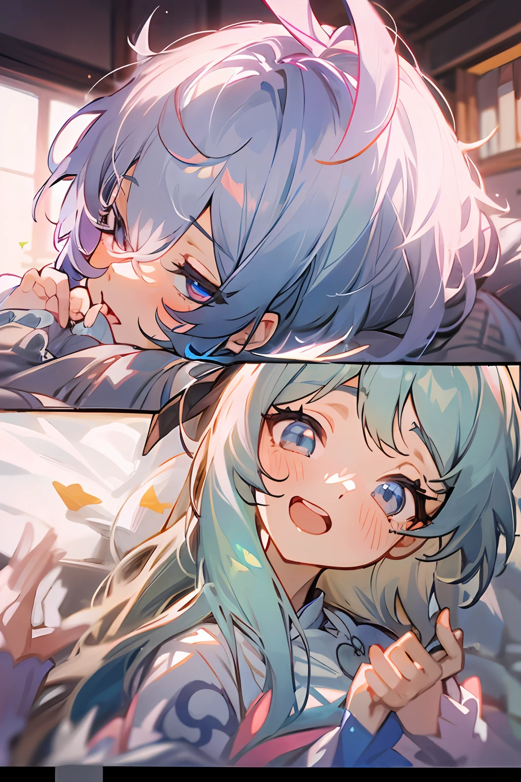 tmasterpiece,best qualtiy,4K,ultra - detailed,finely detailed face and eyes,cinmatic lighting,Sunlight through the window,Viewer at the top,
Gan Yu\(Genshin Impact\),blue hairs,pyjamas,((dark circles around the eyes)),A sleepy girl yawns on the bed in her bedroom,UHR, with her mouth open, (Speaking heart:1.4)
