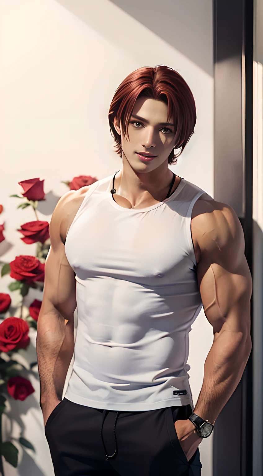 handsome young man in his 20's, Leon Kennedy, dark red hair, mischievous smile,