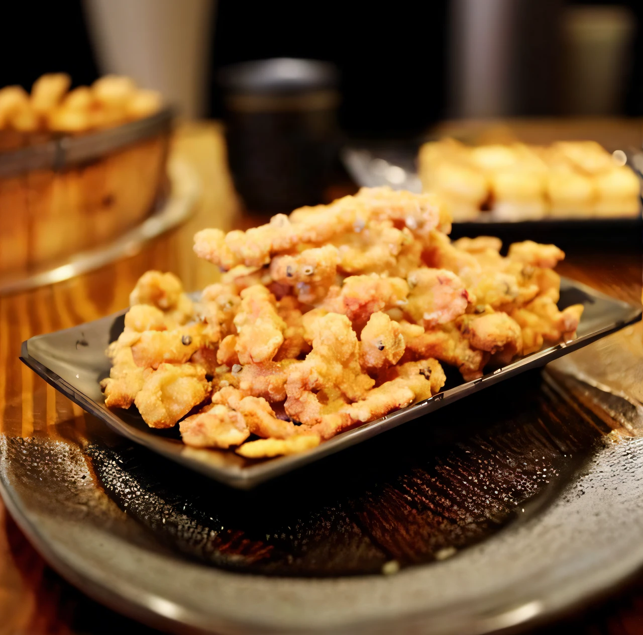 There was a plate of food on the table, battered, many suckered tentacles. blend, very crispy, luscious with sesame seeds, shogakukan, Fried chicken, ❤🔥🍄🌪, Yum, deep fried, crispy, Crackling black lightning, scruffy, delicacy, mmmmm, crumbling, koji morimoto shinjuku