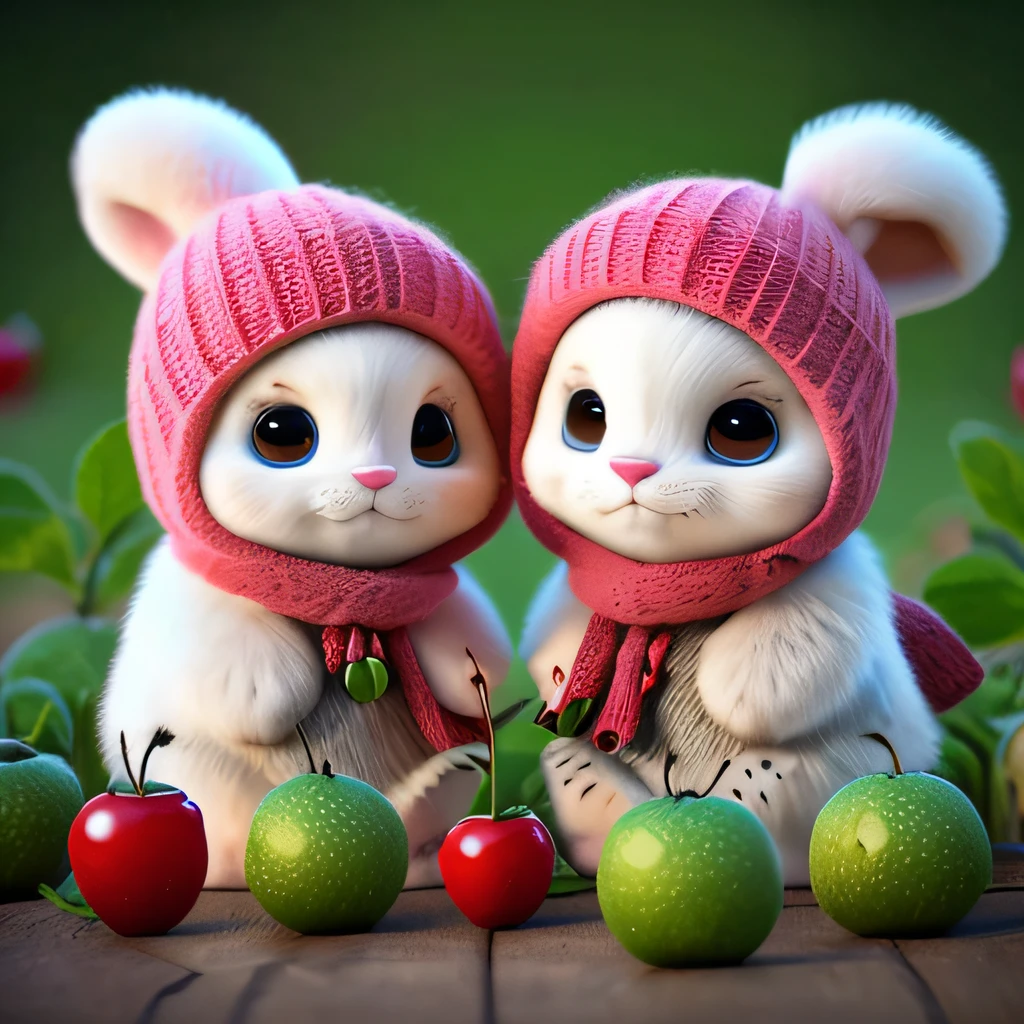 : 3。 Puppies, realistic, furry animals, apples, dark circles, blush, cherries, food, fruits, full body, hats, non-humans, strawberries, tomatoes, watermelons