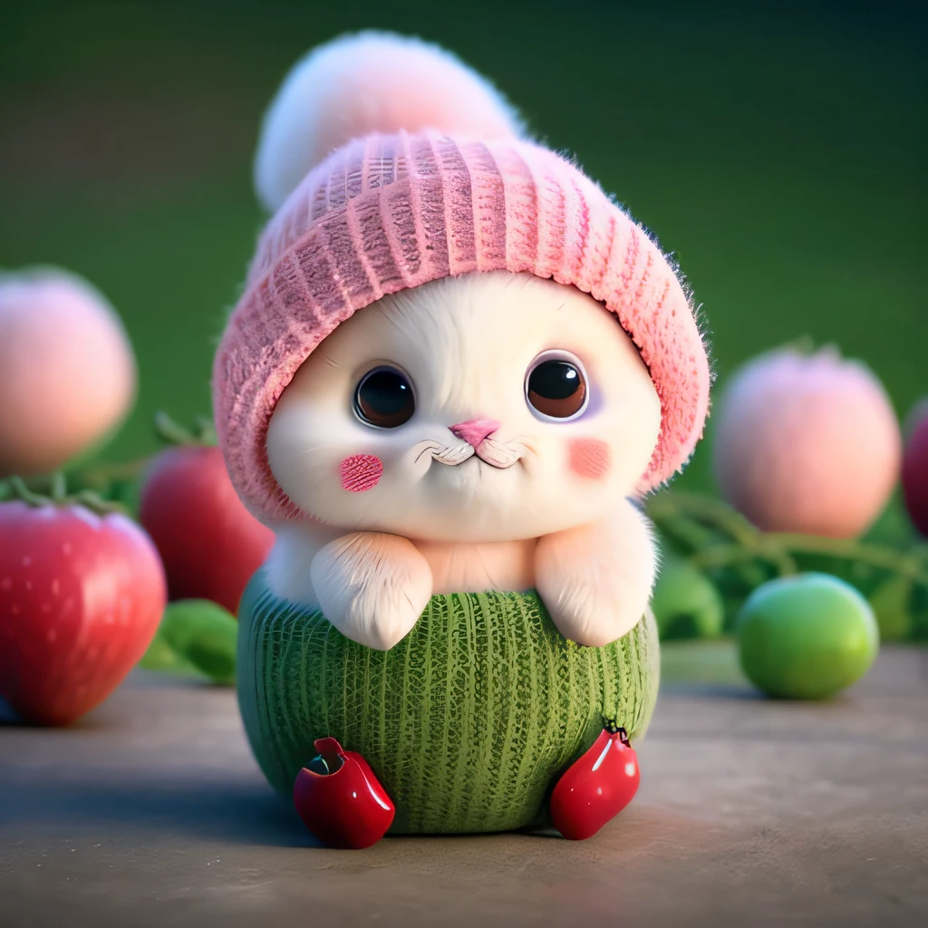: 3。 Puppies, realistic, furry animals, apples, dark circles, blush, cherries, food, fruits, full body, hats, non-humans, strawberries, tomatoes, watermelons