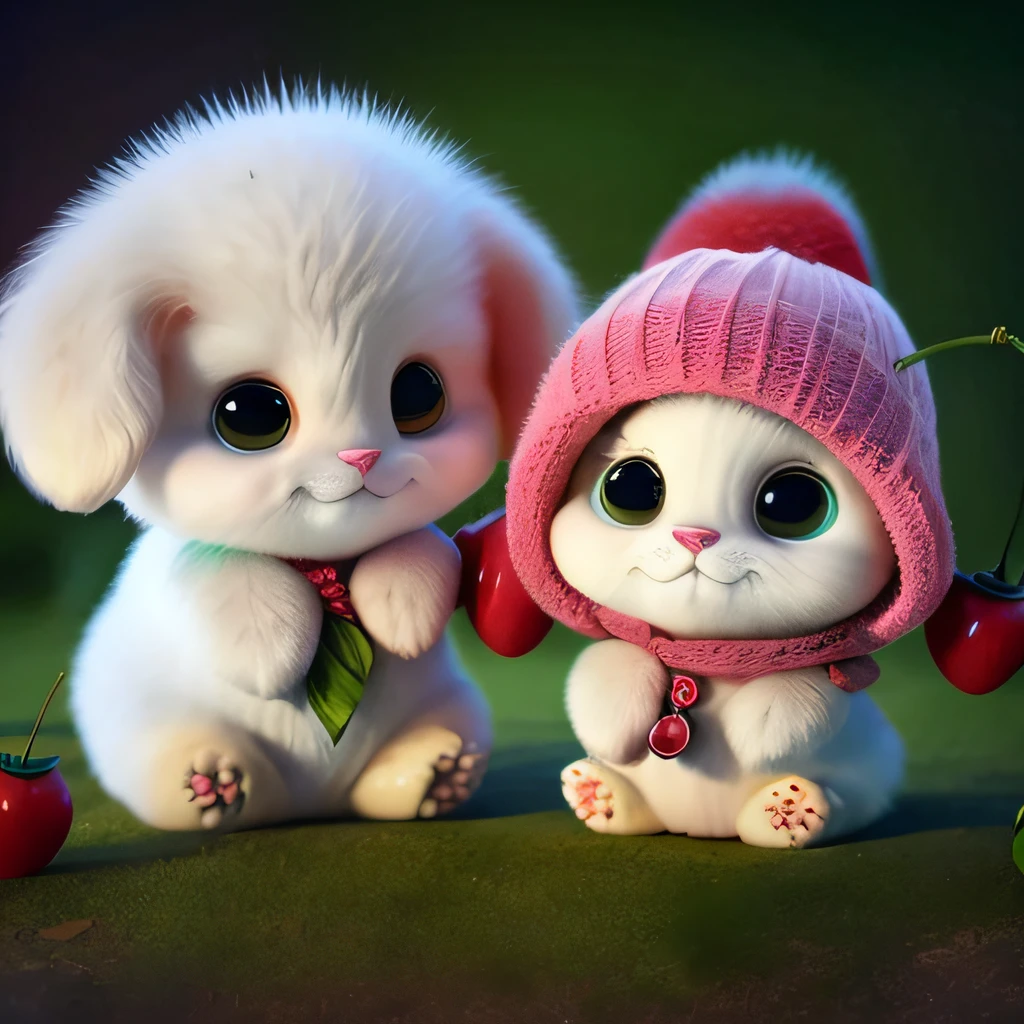 : 3。 Puppies, realistic, furry animals, apples, dark circles, blush, cherries, food, fruits, full body, hats, non-humans, strawberries, tomatoes, watermelons