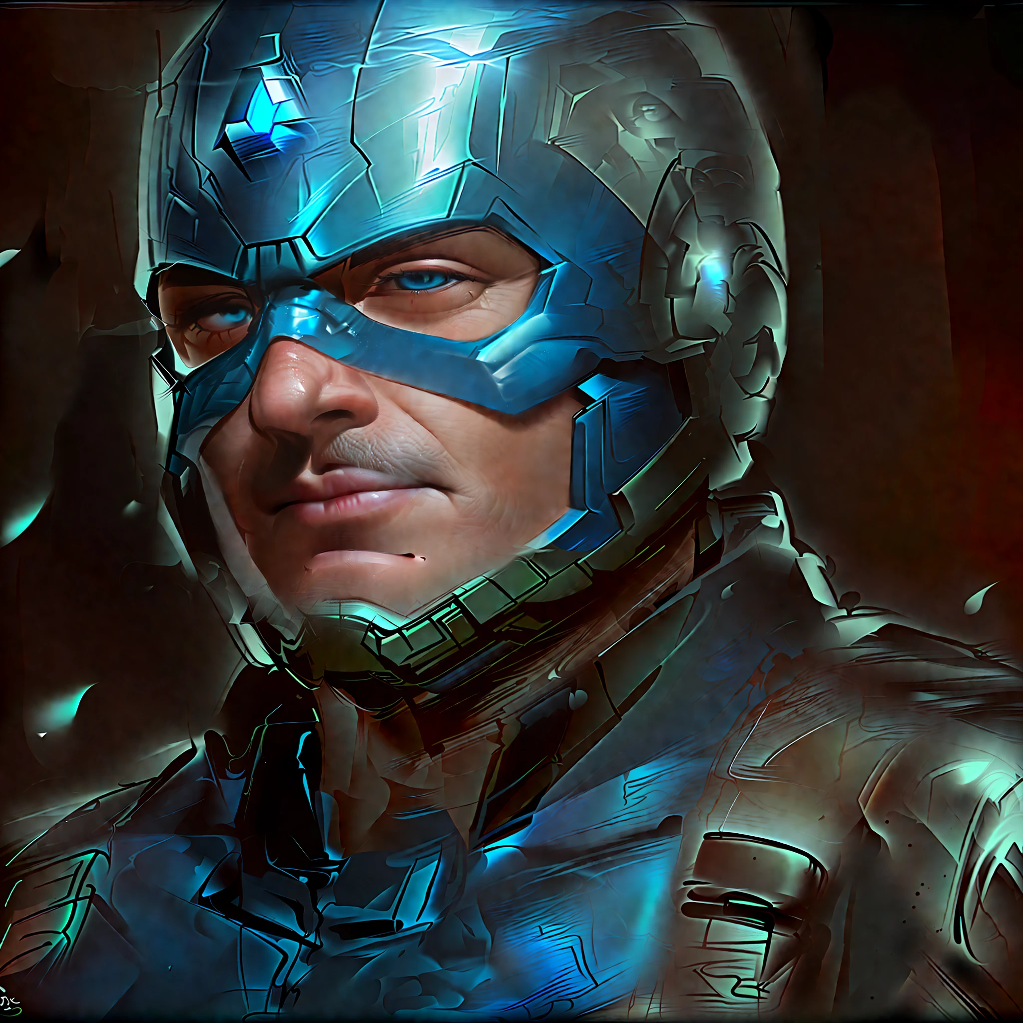 close-up of a man in a blue helmet and armor, Portrait of Captain America, Portrait of a superhero, JSC "ARTGERM", based on Sam Spratt, Sam Spratt, joe biden as captain america, Tony Sart is very detailed, wojtek fus, james gurney painting style, Close-up portrait of a character, fantasy art smug smile man, Portrait of Homelander