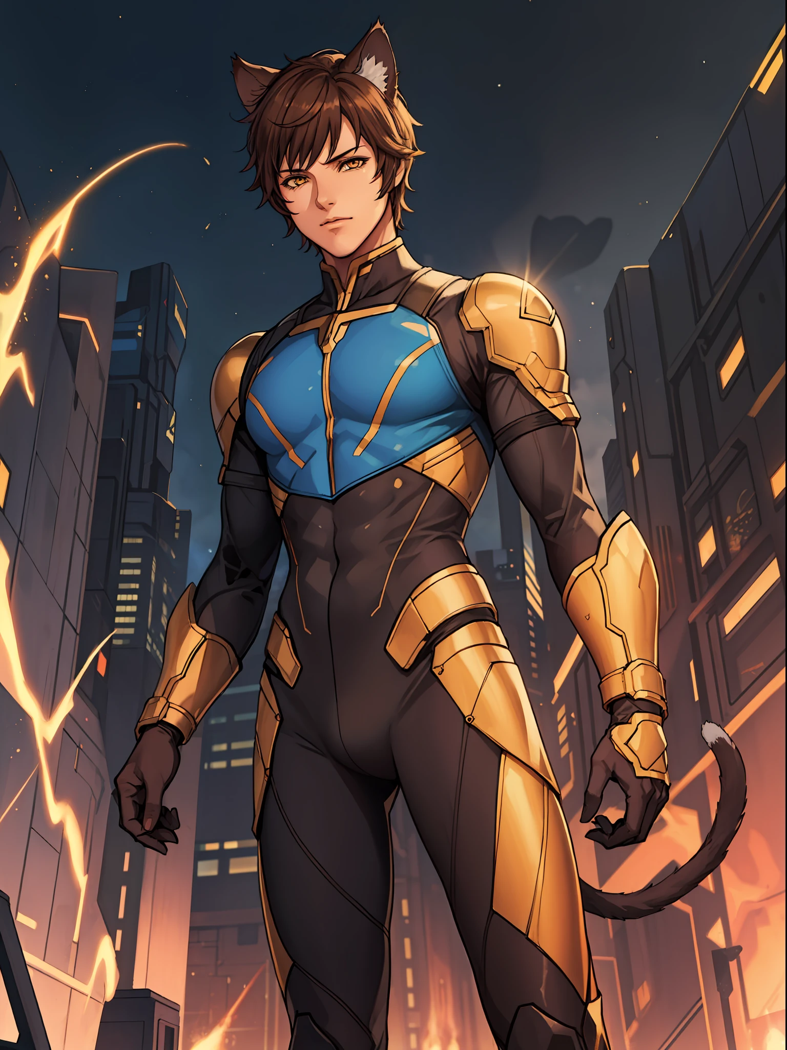 ((1male)), young male, adult, brown hair, yellow eyes, cat ears, cat tail, blue bodysuit, light armor, [skinny:muscular:0.7], science fiction, sci-fi, cosmic background