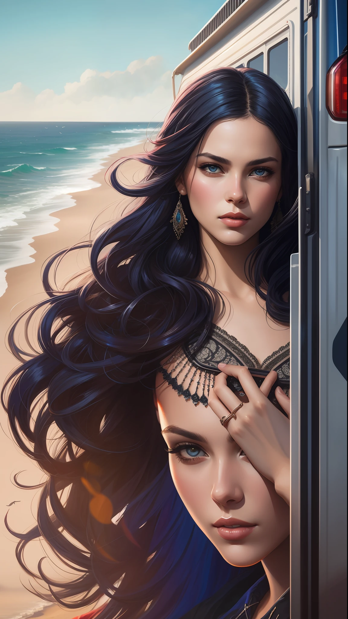 photo of the most beautiful artwork in the world featuring a modern punk woman, leaning against a van on a California beach, trending on ArtStation, CGSociety, Intricate, High Detail, Sharp focus, dramatic, photorealistic painting art by greg Rutkowski