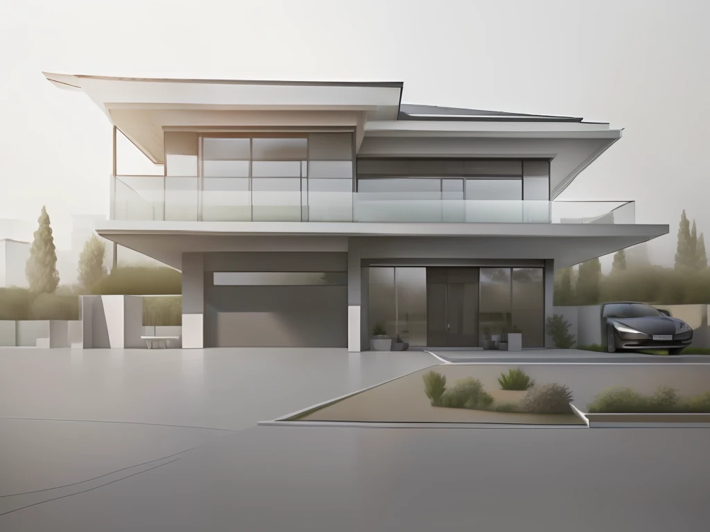Modern house landscape with large courtyard and large garage, award winning modern design, mix with rivendell architecture, well-designed masterpiece, contemporary architecture, arhitectural shot, Beautiful symmetry, award winning contemporary, perfectly symmetrical, award winning render, immaculately detailed, A geometric masterpiece, an award winning masterpiece --auto