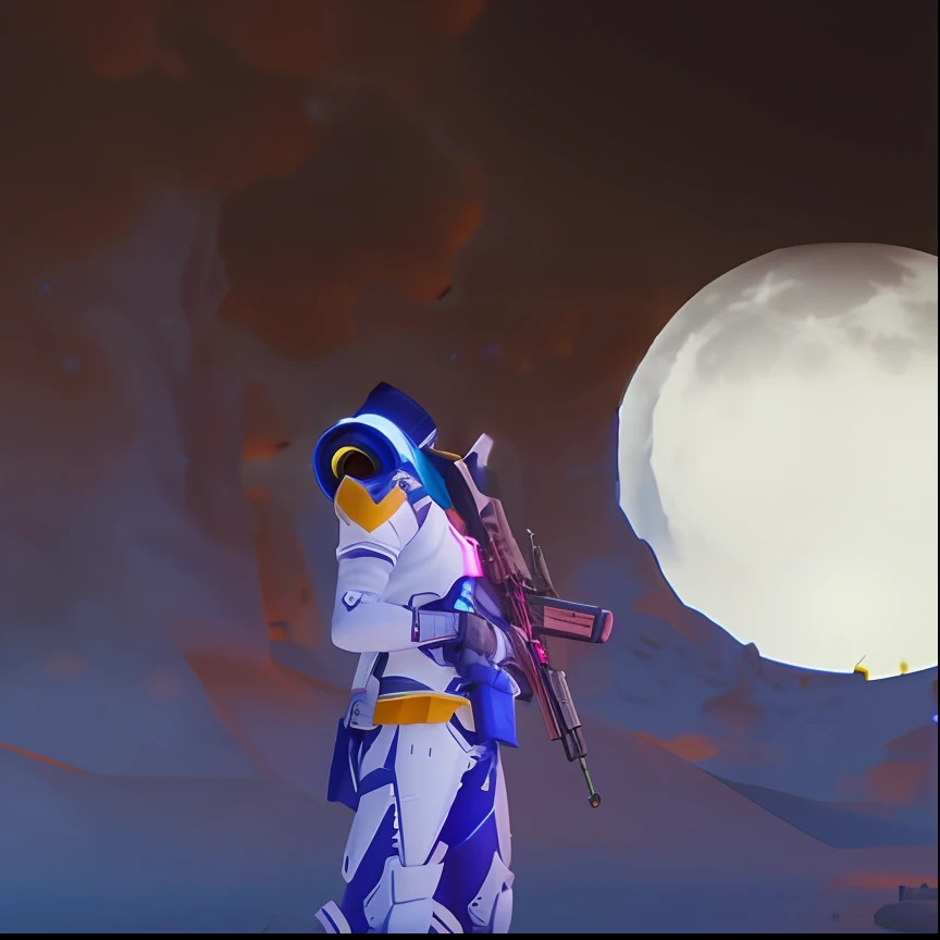 A close-up of a man with a rifle and a big moon, walking across ice planet, lunar themed attire, Wearing a cloak on the blasted plain, blue moon ray tracing, echo from overwatch, freezing blue skin, fuchsia skin below the armor, in-game footage, in - game footage, but the armor covers her face, the moon in the background, as an overwatch character