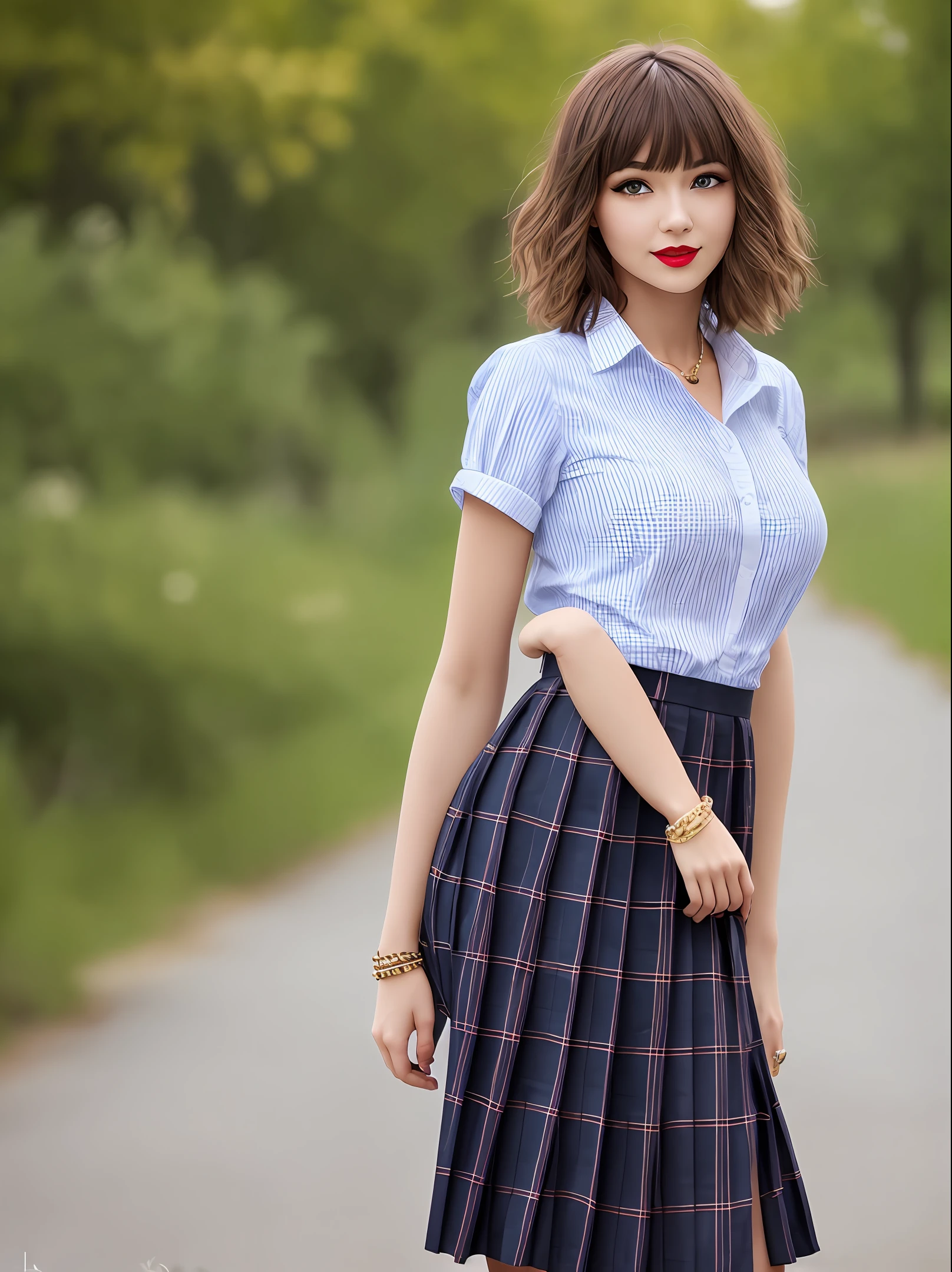 nsfw, 8K raw photo, Best quality, masterpiece, ultra high res, film grain, filmg, 1girl, looking at viewer, natural skin texture, realistic eye and face details, full lips, lipstick, (makeup), red eyeshadow, fluffy short hair, messy hair, smile, close mouth, beautiful legs, tall female, skinny, slim_legs, solo, enormous breast, cleavage, Pose with buttocks facing you, ultra short skirt, ass, shirt, beautiful nature location, around flower location, (detailed background), plaid skirt, white shirt, enormous breast, cleavage, Show a little cleavage through the shirt, loafers, blurry background, blurry, holding, plaid, short sleeves, jk ribbon on the neck, jk ribbon, brown hair, bracelet, water, bangs, school uniform, jewelry, parted lips, lips, from side, pleated skirt, depth of field
