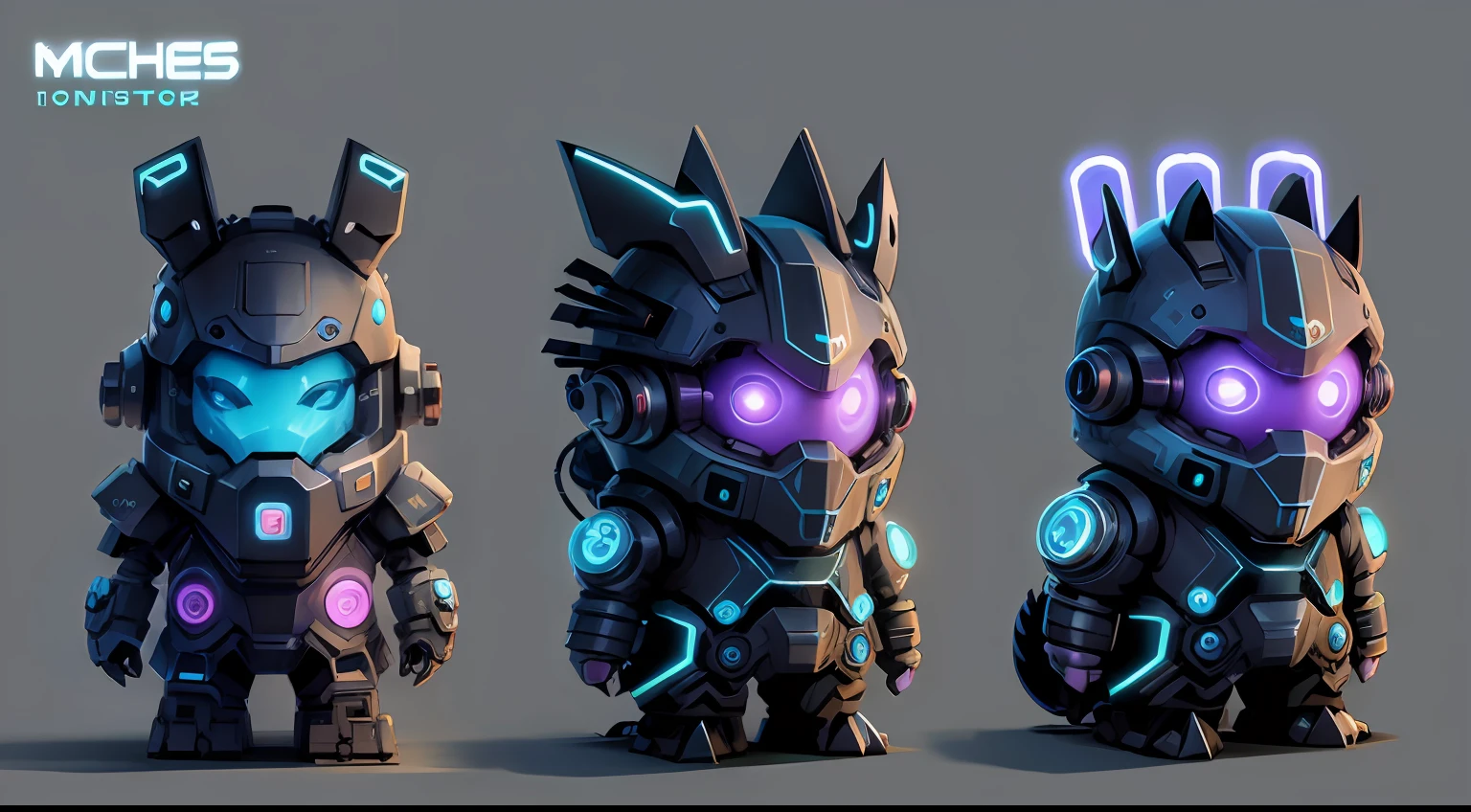 Machine monsters，cute,neonlight，（character design sheet,Same role,frontage,Lateral face,on  back) --auto