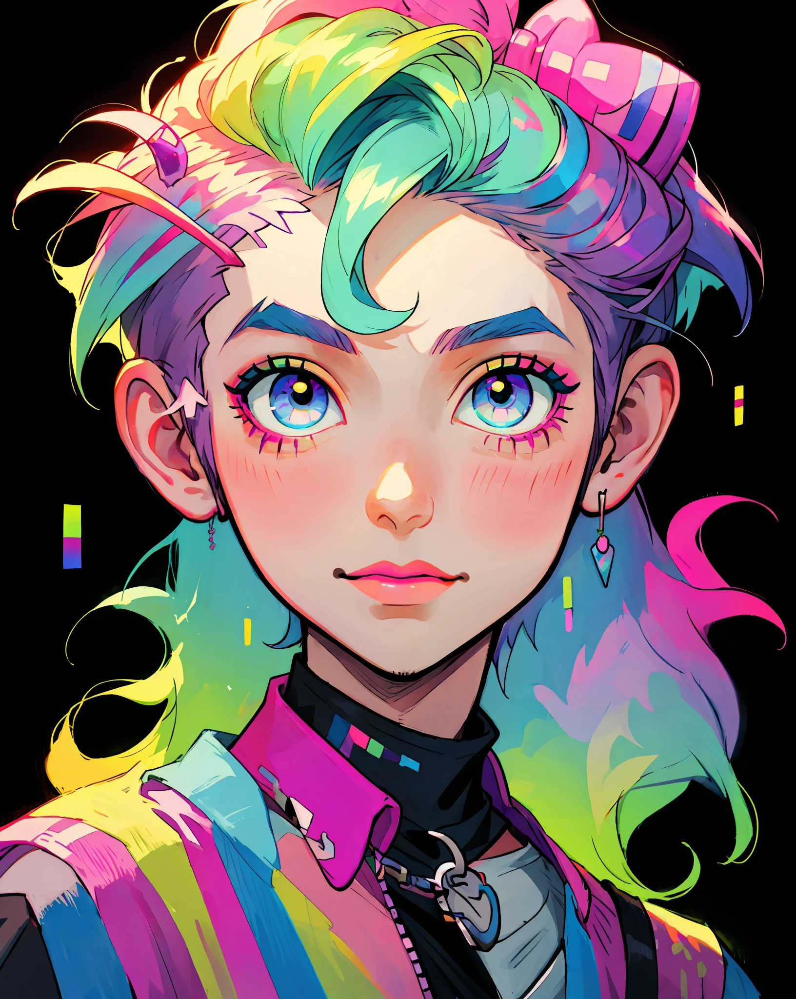 A boy, ((men)), brightly colored hair and makeup is worn by a boy with horns, decora inspired, pastel goth aesthetic, kawaii decora rainbowcore, cute colorful adorable, colorful aesthetic, kawaii aesthetic, pastel goth, boy design lush horns, vibrant fantasy style, anime inspired, anime vibes, colorful rave makeup, colorful pastel, fantasy aesthetic!, decora inspired illustrations, hyper colorful, 1boy, young Man, male Character, uhd, (((masterpieces))), vaporwave style, 16k, 8k