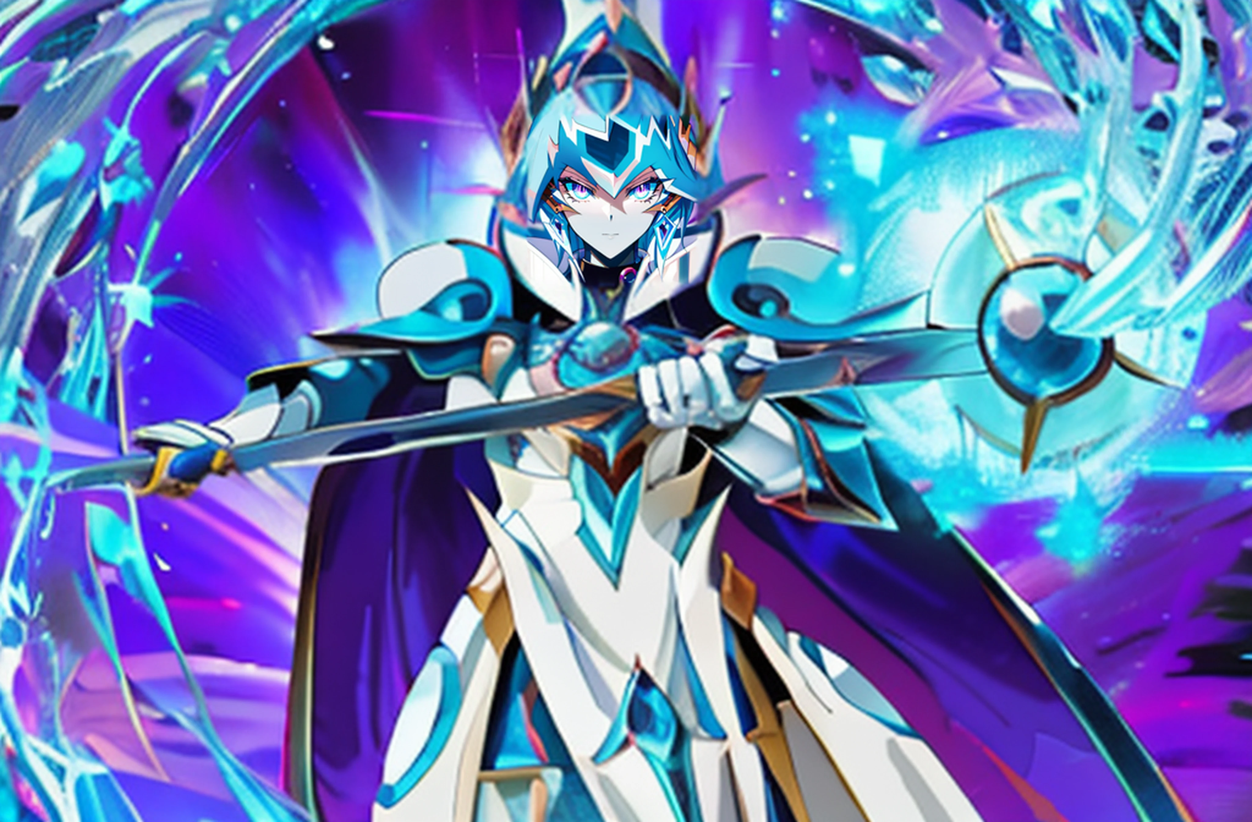 Close-up of a woman holding a sword and a ball, yugioh art style, full portrait of magical knight, Yugioh artwork, Ice Mage, yugioh style, Water armor, sliver ice color reflected armor, full portrait of electromancer, warlock sumerge, wind wizard, yugioh card, Battle Mage, Mage, yugioh