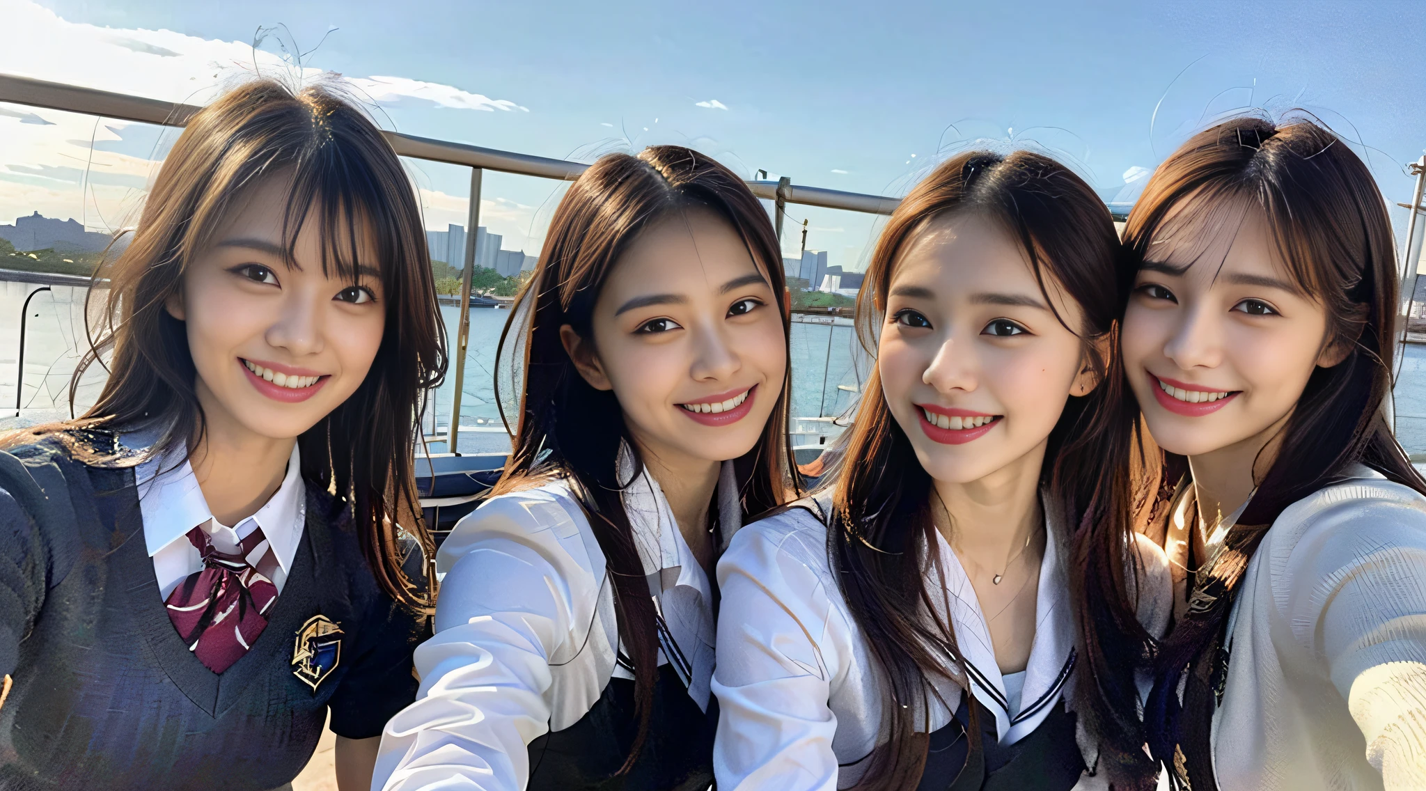 (8K、Raw photography、top-quality、masterpiece:1.2)、ultra-detailliert、ultra res、(realisitic、Real Photographics:1.47)、(I use a throwing kiss as a camera)Look at camera and kiss、Kiss Face、kiss、Kiss thrown at the camera、Above the sea、、Offshore Girl(Fantastic lighting)head to waist、、de pele branca、Fair-skinned female proofreading、An ultra-high picture quality、、Beautiful female proofreading reflecting in light、amazing detailed、Beautiful girls in very detailed、Faces with different patterns、Different face patterns、Each hairstyle has its own characteristics、Farbe々Hairstyle、Farbe々Hair color shining with clean light、I enjoy fishing on a boat、Brown hair shining in the light、One has a ponytail、、Modern cute high school girl、very detailed faces very detailed eyes、Very realistic skin、 extremely detailed fingers, highly detailed nose, highly detail mouth, perfect anatomia, Highly detailed sailor suit、、The details of their hair and uniforms shine through、Burning teeth and smiling、Realistic body, de pele branca, glistning skin, Slim body, Long straight hair, (Blunt bangs:1.2), , nixeu and sakimichan, TWICE, Seifuku, sakimichan, JK Uniform, wearing japanese school uniform, promo still, Larisa Manobal, Japan school uniform, japanese girl school uniform, alena aenami and lilia alvarado