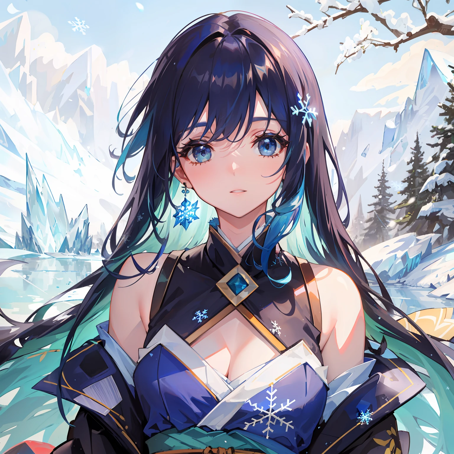 ((Fresh and beautiful, Blue and white off-the-shoulder kimono,glacier)),(Light blue hair and floating),(Cool colors And pure snowflake environment And transparent glacial water flow And natural shade)