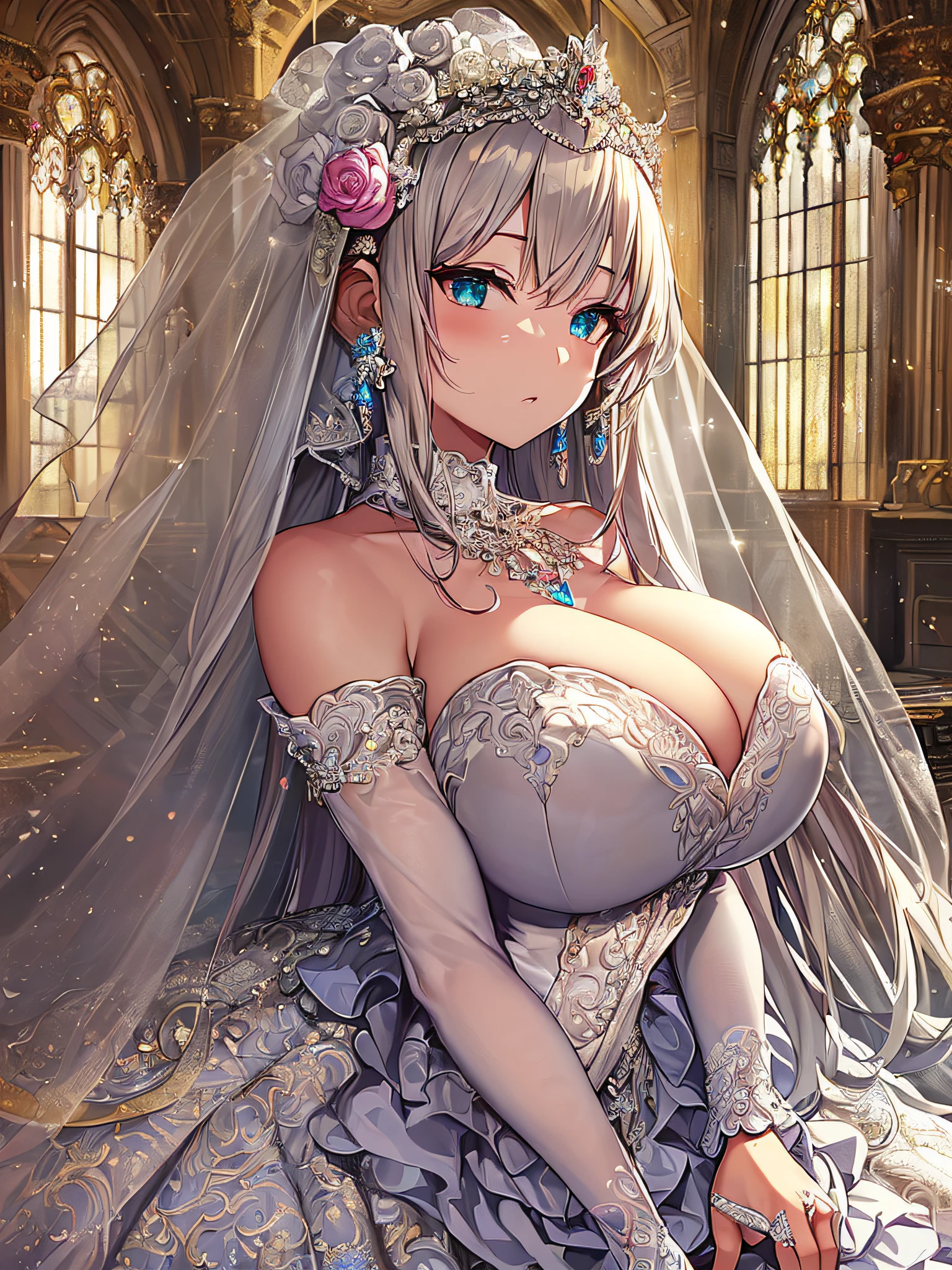 ((anime artstyle)),(Masterpiece),(Best Quality), (Super Detail),((Very Delicate and Beautiful)),Focus on character,Dynamic Angle,Looking at viewer,((Solo)),standing,((full body)),((one princess in gorgeous ball gown wedding dress with voluminous skirt)),((June bride)),detailed face and eyes,jewel-like eyes,((Very Long voluminous Hair)),gorgeous embroidery and lace,((gorgeous corsage)),See-through,(Gorgeous jewelry ornaments),Huge and luxury hair ornament,luxury tiara with jewels,ornate ruffles,((gigantic breasts,Long breasts)),indoor,church wedding,((full body)),hoop skirt,crinoline,very long wedding veil,(((fusion of jeweled wedding dress and gorgeous embroidery rococo ballgown))),