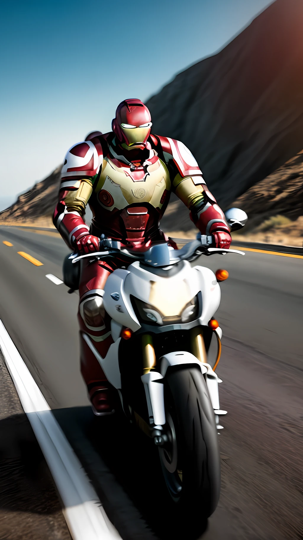 ironman riding a motorcycle on a deserted road, his white motorcycle, super realistic, cinematc, 16k. It's just a ironman