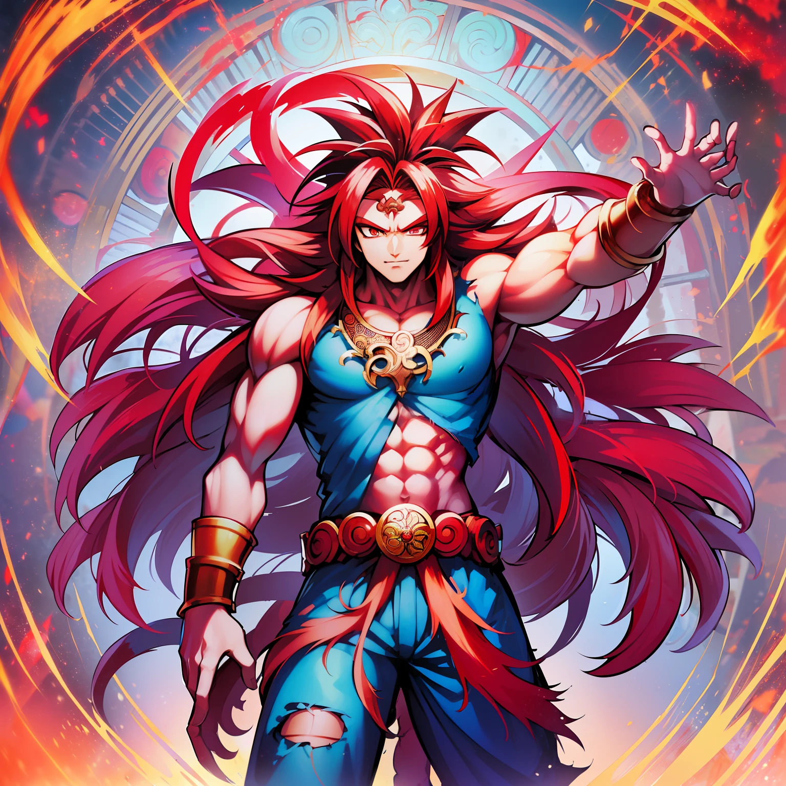 ((number art),(Monkey King Super Saya God:1.2,(Red blood wheel eyes)),(Long colored hair is fluffy+musculature+ripped clothing),the soft light,(sacred feeling:1.1)),(Traces of anime from the 90s:1.2))