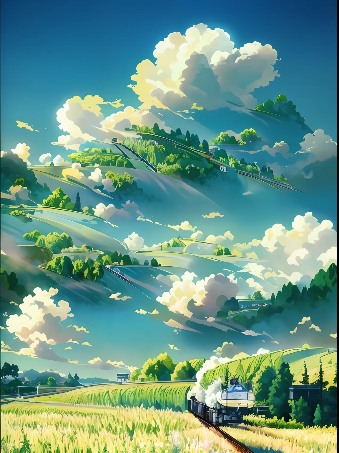 There is a train running on the tracks in the field, anime countryside landscape, beautifull puffy clouds. Anime, Anime landscape, Anime Nature, made of tree and fantasy valley, anime landscape wallpapers, beautiful anime scenery, amazing wallpapers, ross tran. scenery background, scenery art detailed, anime beautiful peace scene, Detailed scenery —width 672, Amazing landscape