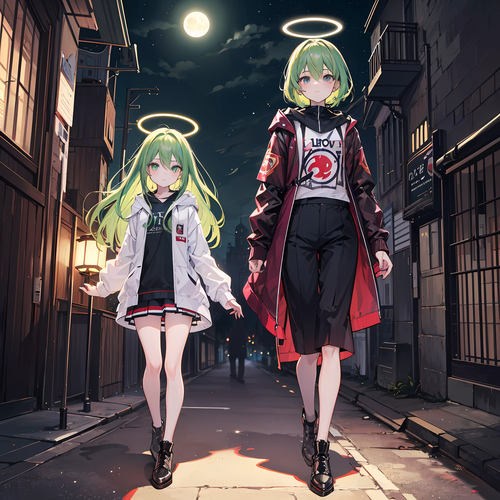 Robot girl,Love flashed in his eyes,The skin has a metallic glow,Green hair,Wear JK,Walk down the dimly lit street,Look at the camera affectionately,The bright moon shone behind the girl,There is a halo around