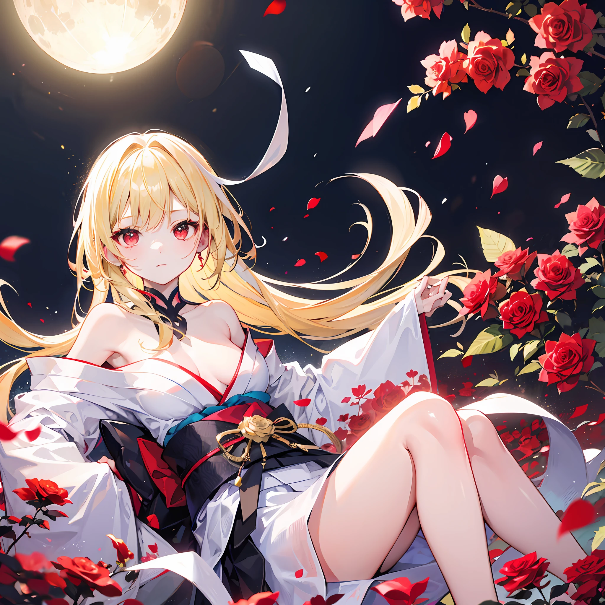 One blonde girl、red eyes、White kimono、off shoulders、Red rose field