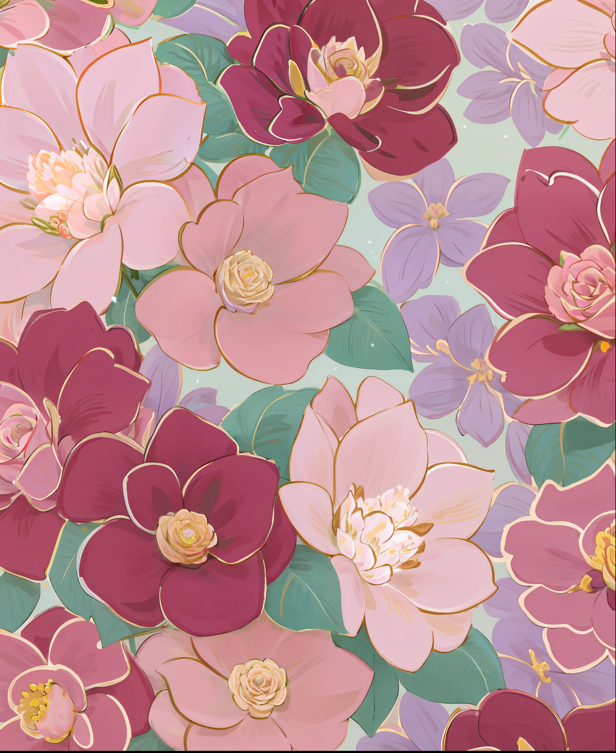 Close-up of flower pattern with pink and purple flowers, large opaque blossoms, floral dream, flowery wallpaper, floral motives, floral bling, translucent roses ornate, floral explosion, floral renewal, rose-brambles, ornate flowers, pastel roses, pastel flowery background, floral flowers colorful, patchy flowers, detailed flowers, sparkling petals, flowers and blossoms