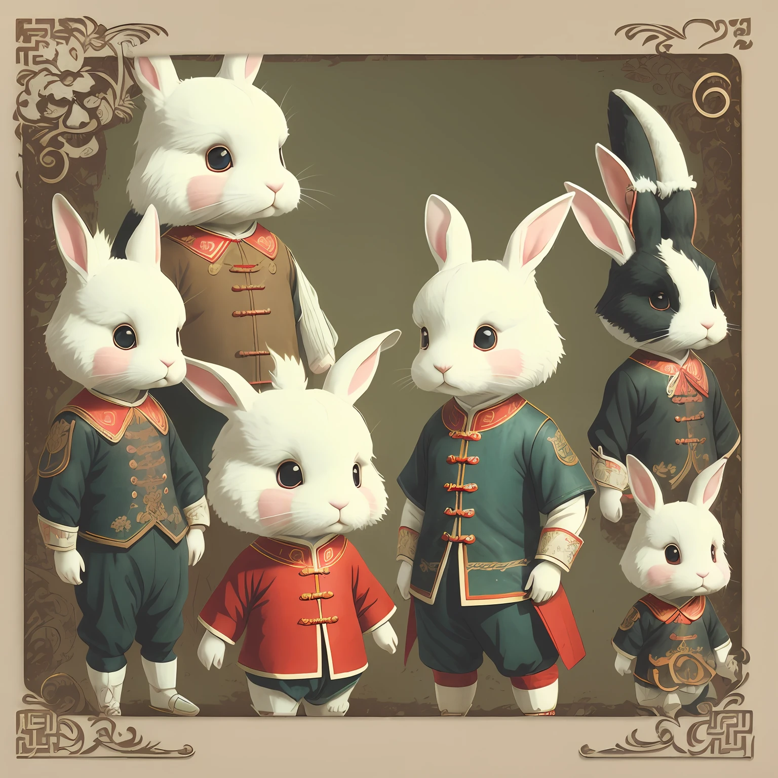 Anthropomorphic rabbits, White hair, child figure, adolable, Flat style,Chinese style,Printmaking effect,Stamp effect,anaglyph,, Super detail, High details, High quality, Masterpiece