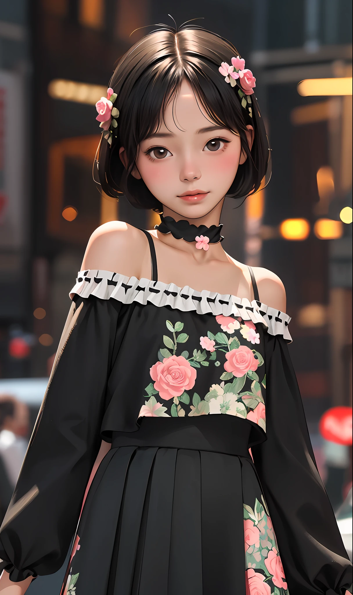 (best quality, masterpiece), 1girl, intricate details, off shoulder, skirt, choker, frills, see-through, looking at viewer, blush, upper body, blurry background, floral print, contrapposto