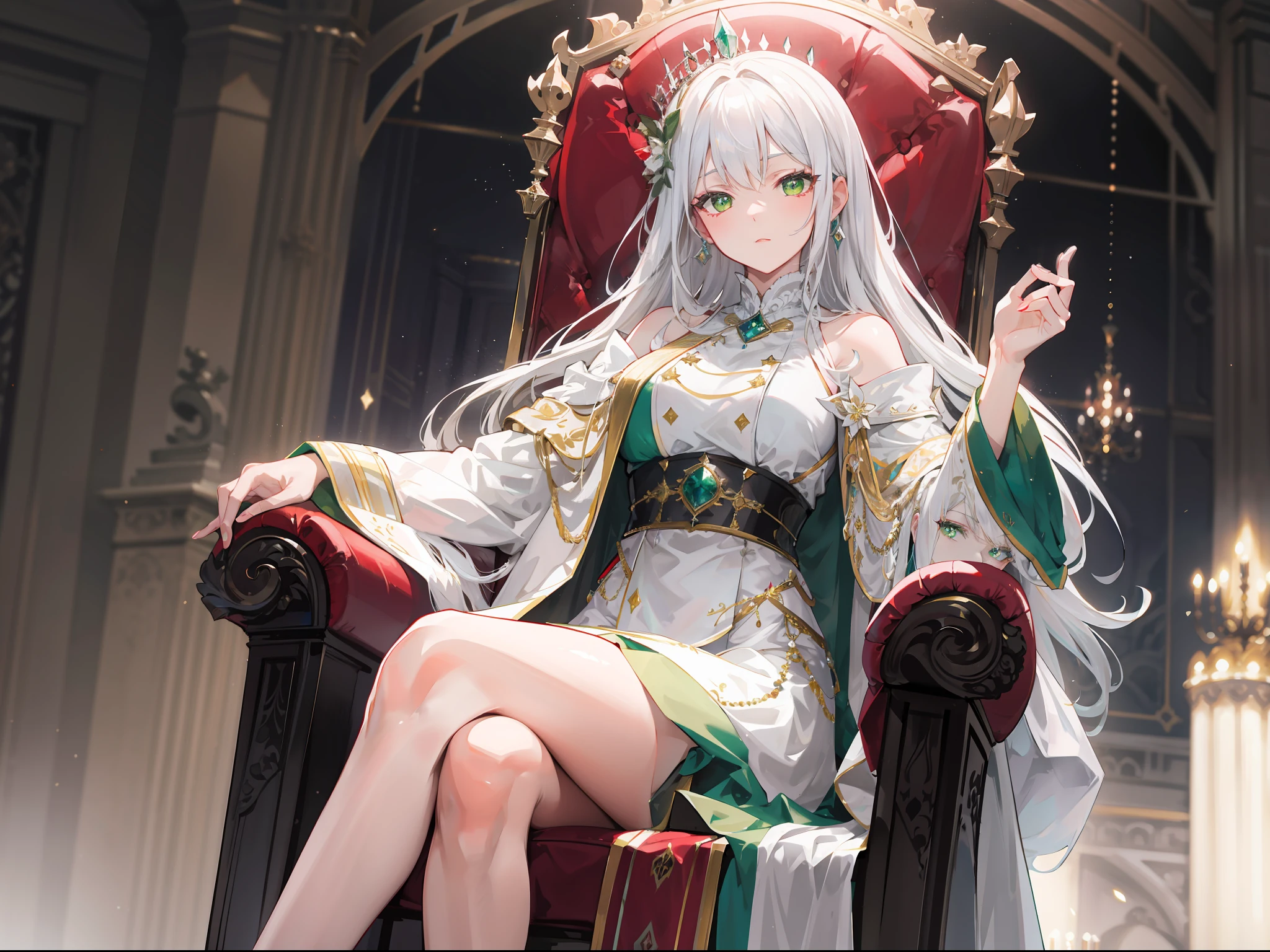 "Epic palace atmosphere, stunning 4k artwork featuring a beautiful mature lady with long flowing white hair. Glowing green eyes. She was wearing white royal coat, she sitting on the throne."