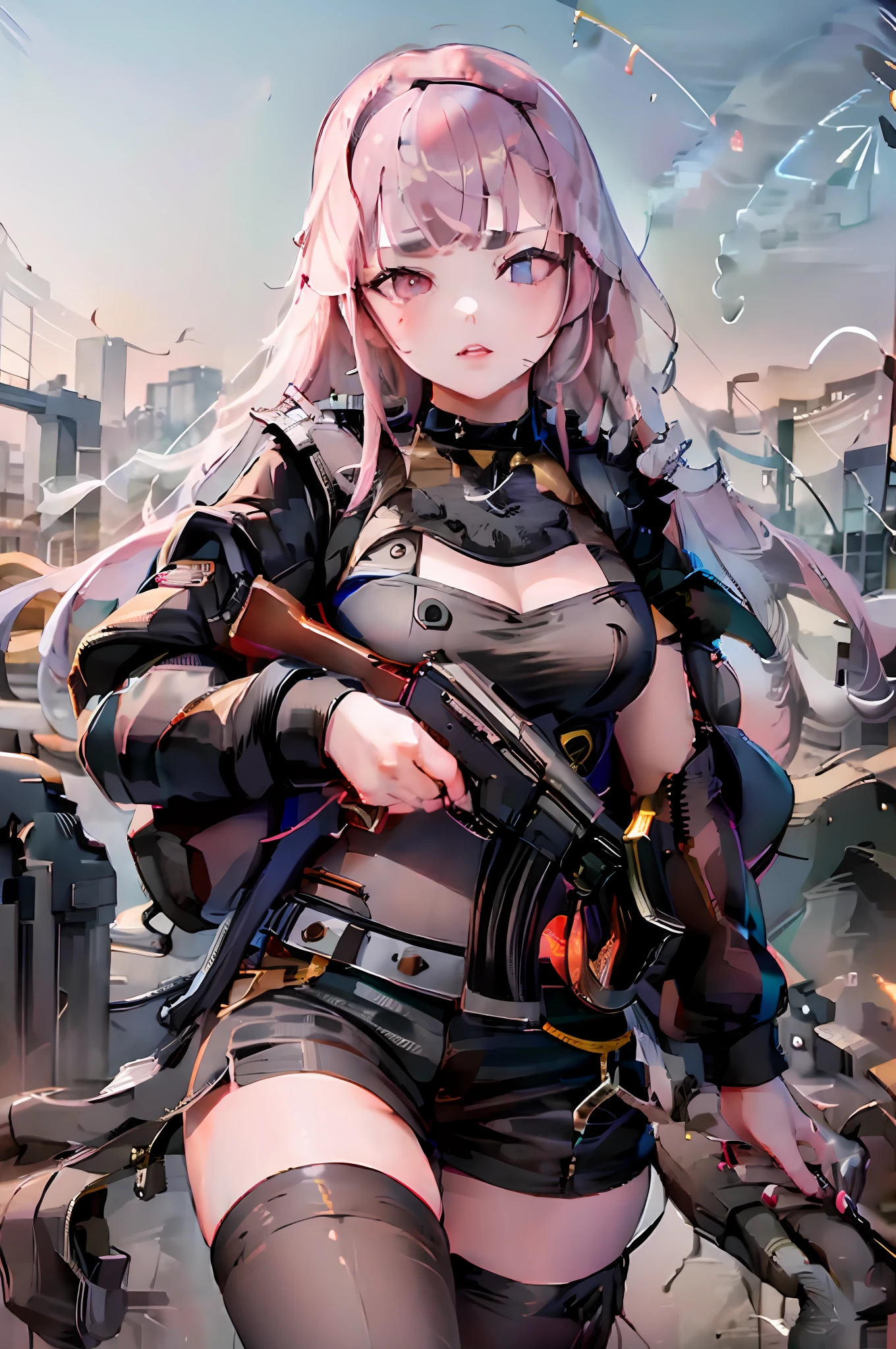 (masterpiece, top quality, best quality, official art, beautiful and aesthetic:1.2), (1girl), extreme detailed, Mori Calliope, Pink Hair, (black hoodie jacket:1.2), rooftop, AK47, Trigger discipline, look at viewer, short pants, (smoking:1.2), (smoke trails:1.1)