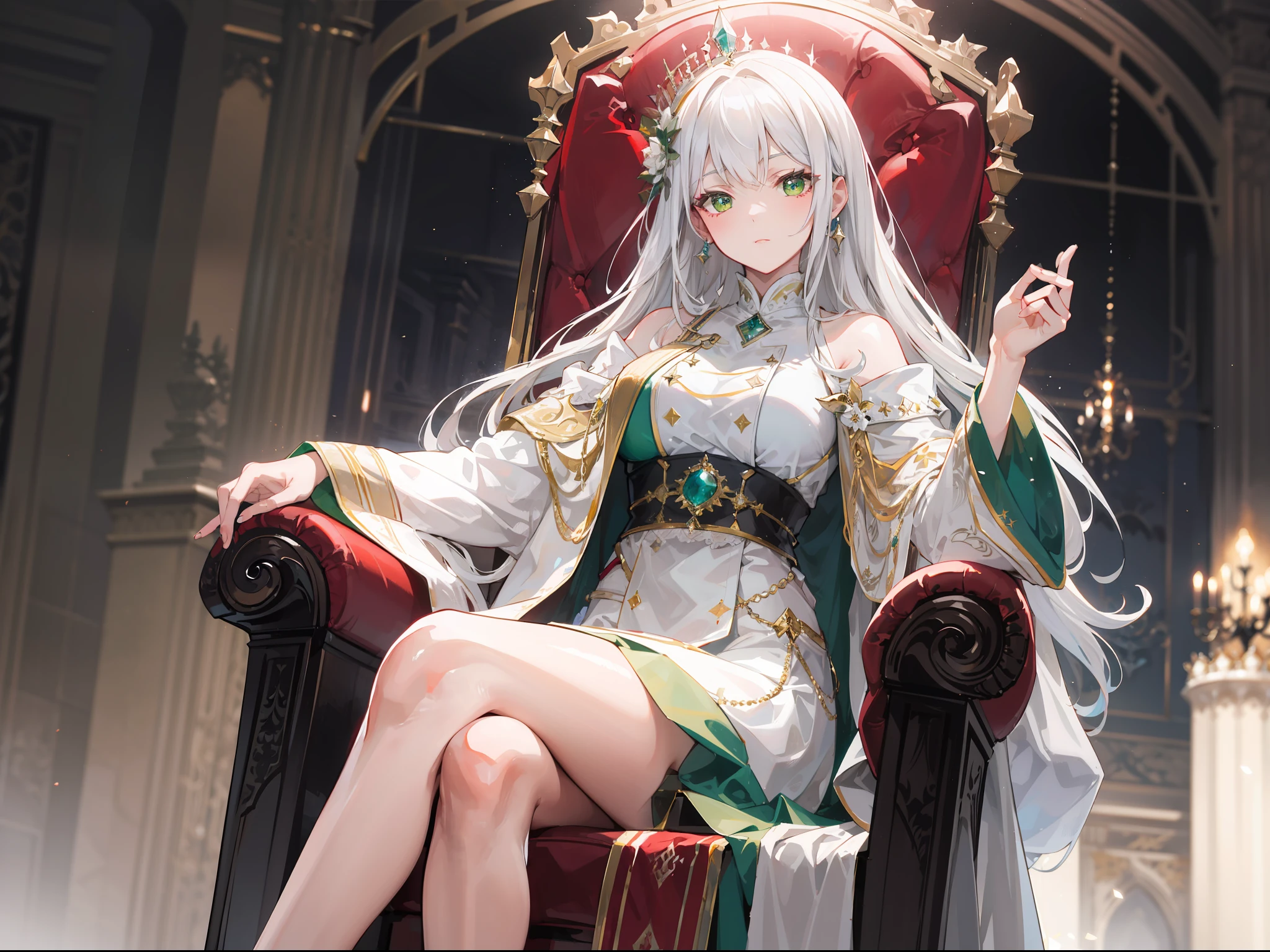 "Epic palace atmosphere, stunning 4k artwork featuring a beautiful mature lady with long flowing white hair. Glowing green eyes. She was wearing white royal coat, she sitting on the throne."