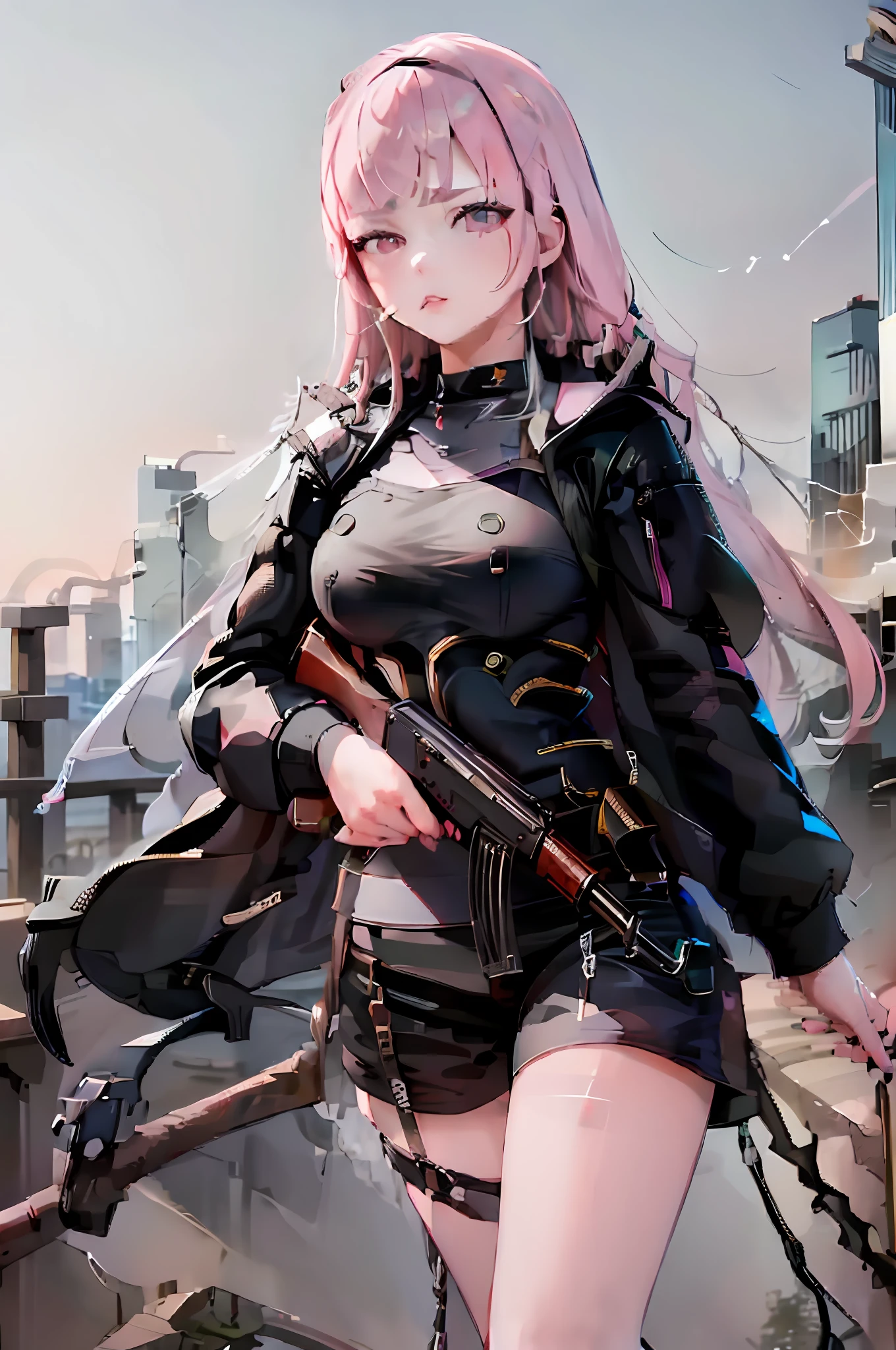 (masterpiece, top quality, best quality, official art, beautiful and aesthetic:1.2), (1girl), extreme detailed, Mori Calliope, Pink Hair, (black hoodie jacket:1.2), rooftop, AK47, Trigger discipline, look at viewer, short pants, (smoking:1.2), (smoke trails:1.1)